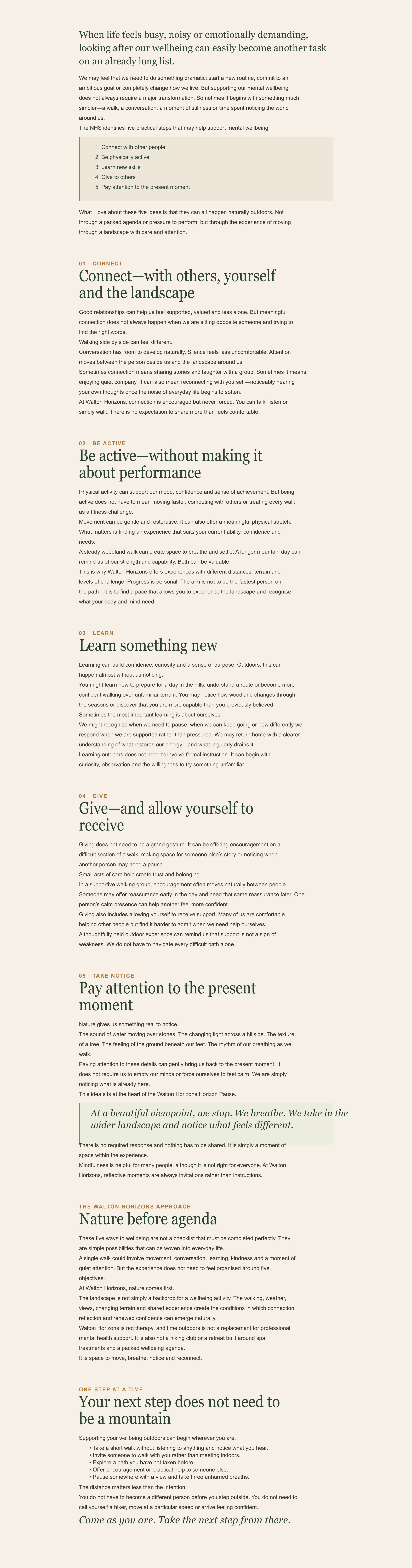 A printed mindfulness and well-being guide discussing connecting with others and oneself, being active, learning, giving, and paying attention to the present moment, including strategies like staying grounded, embracing nature, and mindful breathing.