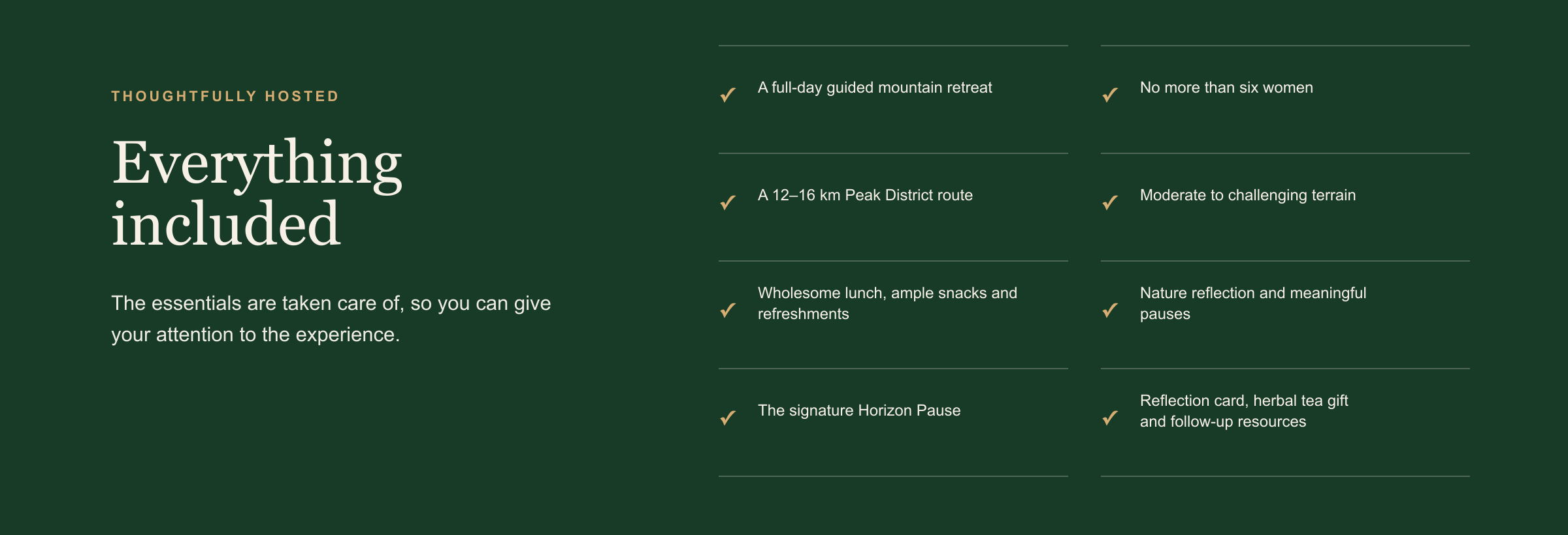 Green promotional graphic for a guided mountain retreat with details about the experience, including features like wholesome lunch and snacks, challenging terrain, nature reflection, and follow-up resources.