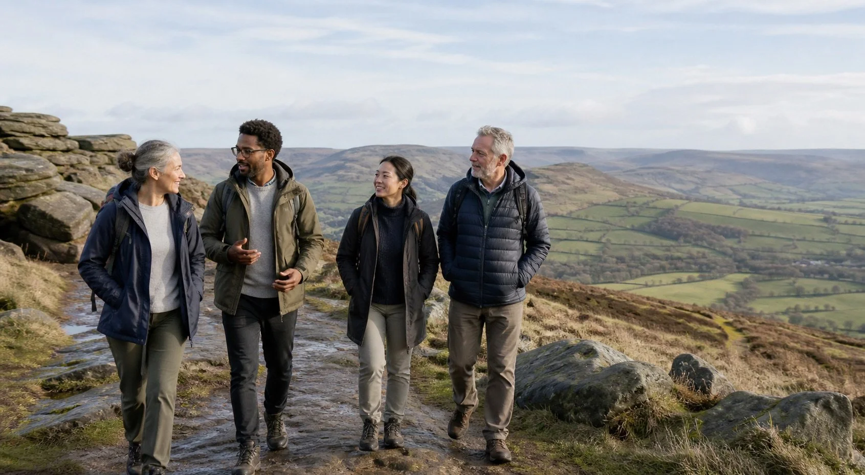 Group of five people hiking outdoors on a trail in a hilly, grassy landscape with stone rocks and rolling green hills in the background.
