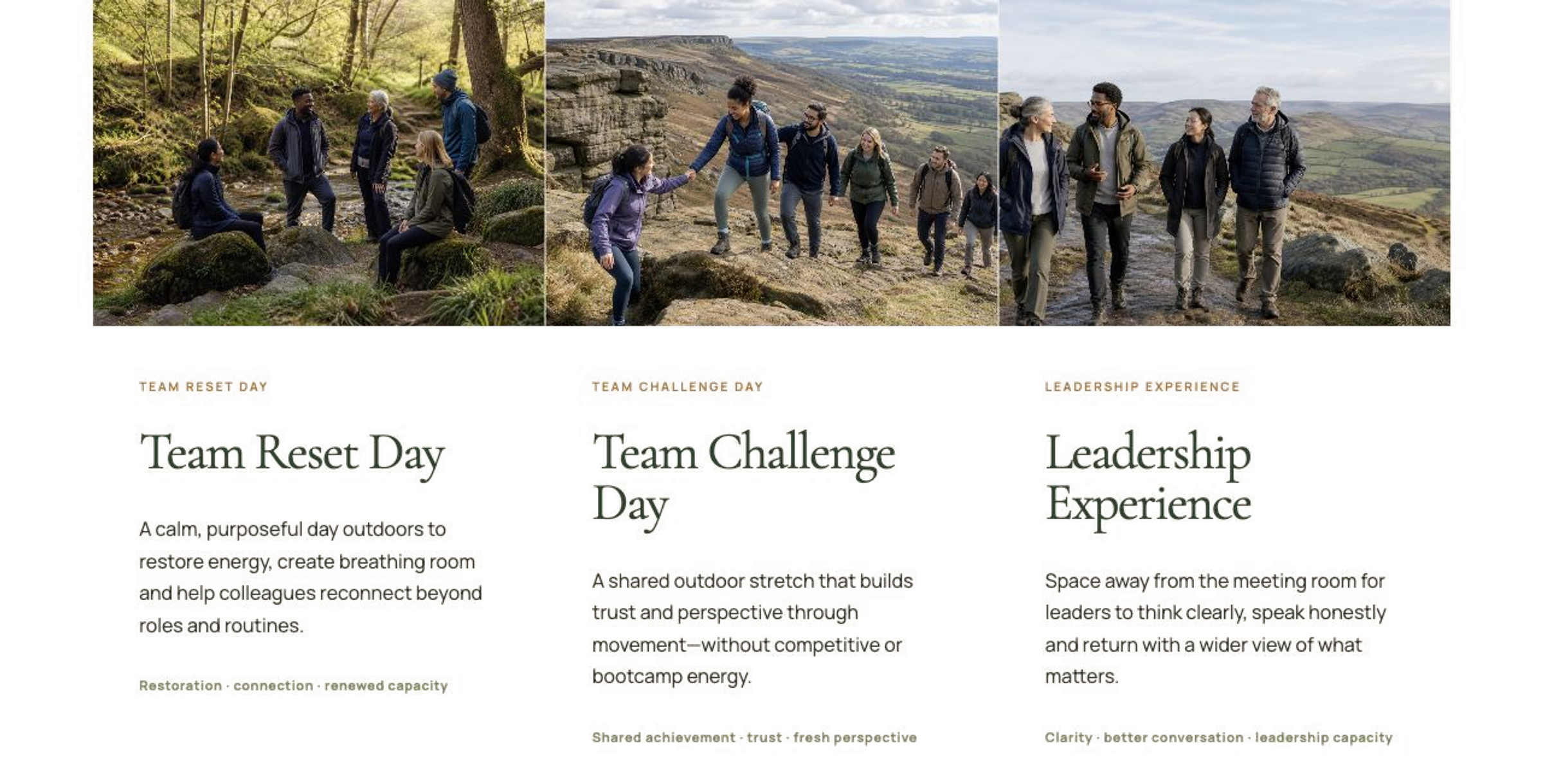 Three scenes of groups of people outdoors. The first scene shows three women and two men sitting and standing in a wooded area, talking. The second scene has people walking up a rocky trail with rolling hills in the background, some of them holding hands. The third scene depicts a group walking along a rocky ridge with a vast landscape in the background. The images are labeled as representing Team Reset Day, Team Challenge Day, and Leadership Experience.