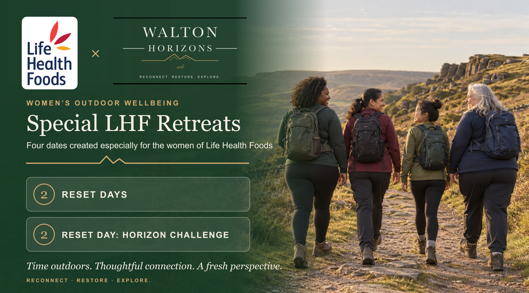 Women walking outdoors in a natural landscape with hills and rocks, carrying backpacks during a retreat or hike.