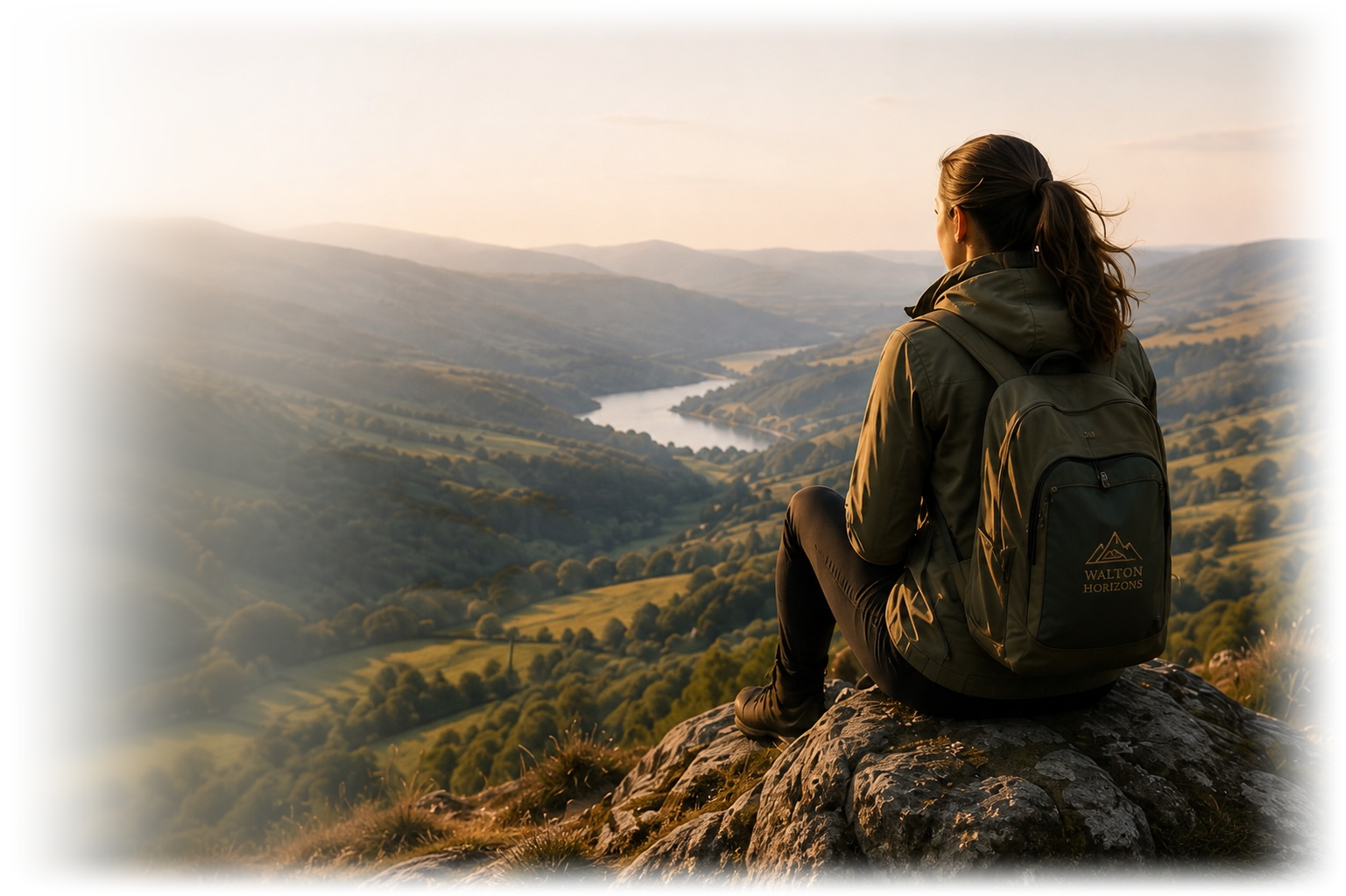A woman sitting on a rock overlooking a valley with a river, surrounded by rolling hills and trees, at sunset. She has a backpack and is dressed in outdoor hiking clothing.