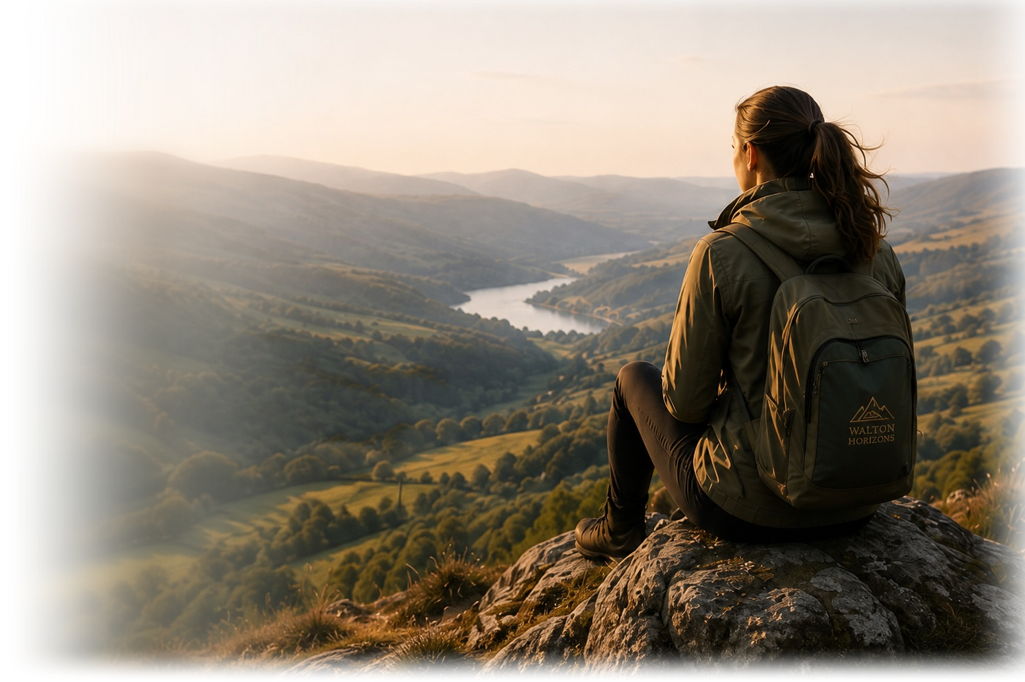 A woman with a backpack sitting on a rock, overlooking a scenic valley with rolling hills and a river during sunset.