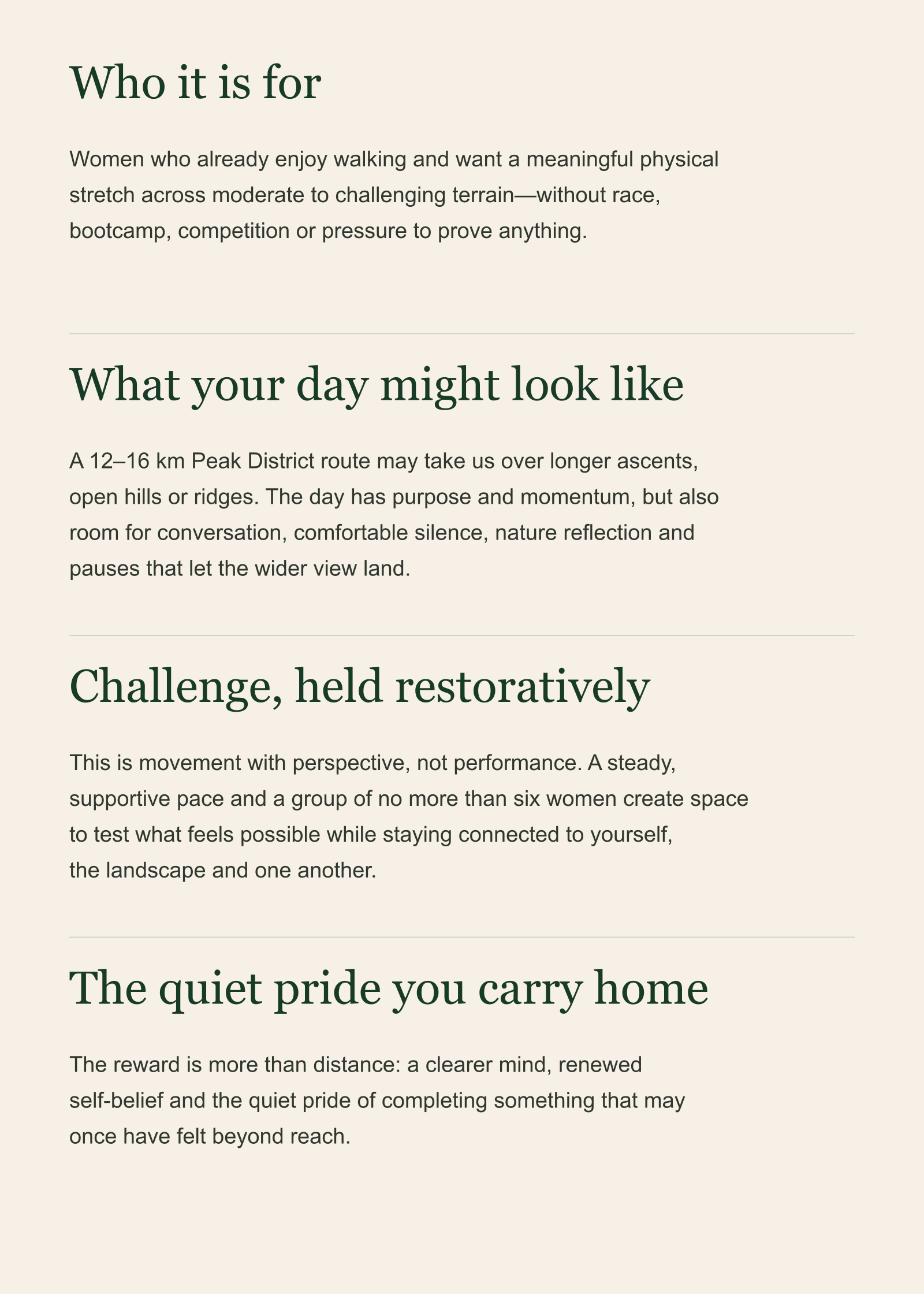 A webpage with a beige background and green text, discussing outdoor activities, daily routines, and personal growth.