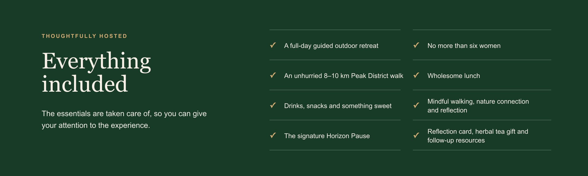 Green background with white text listing inclusions for an outdoor retreat, including guided retreat, walk, snacks, lunch, drinks, and reflection resources.
