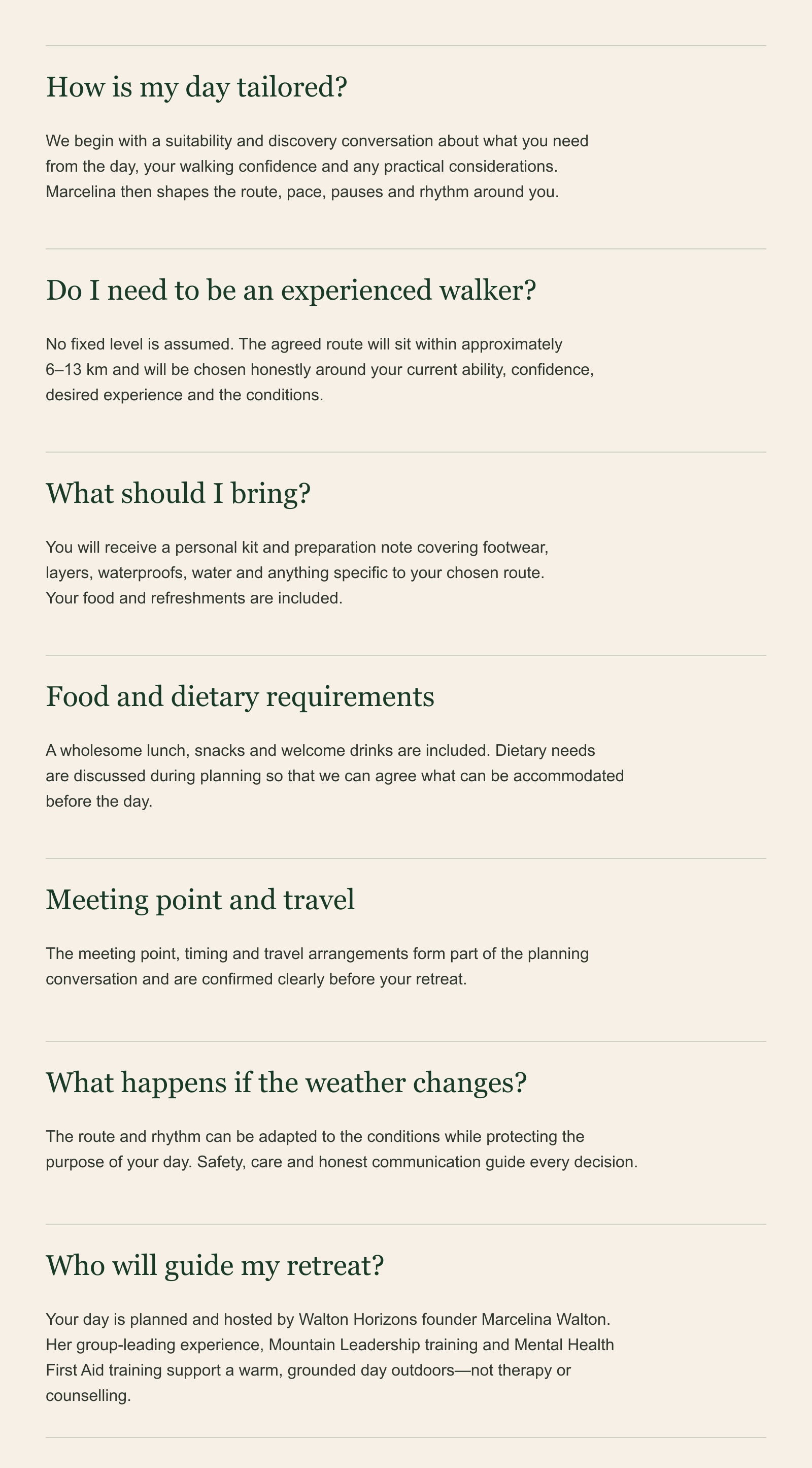A webpage with information about a guided walking retreat, including sections on how the day is tailor-made, experience levels required, what to bring, food and dietary needs, meeting point and travel, weather considerations, and guidance details.