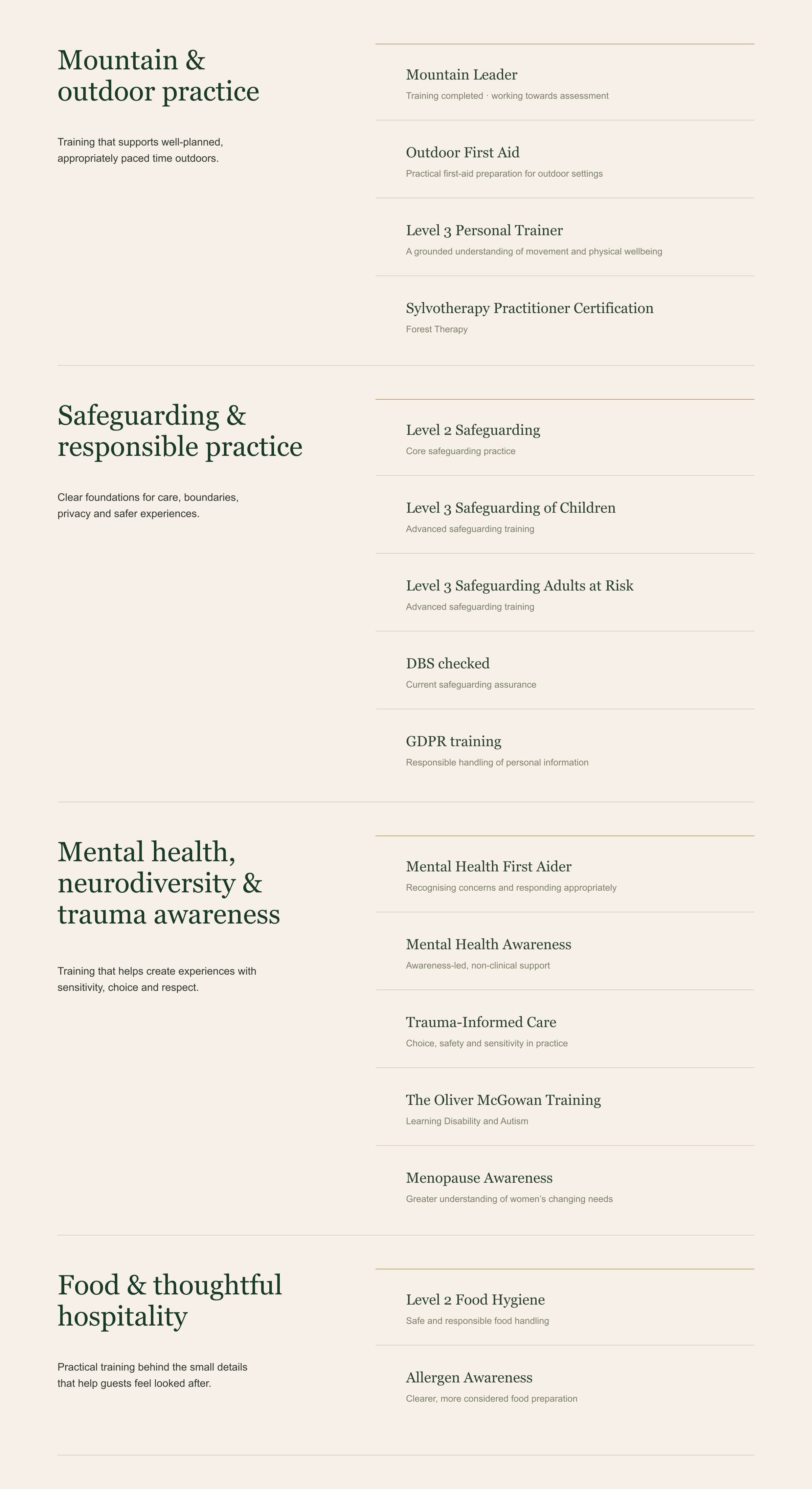 A webpage with a beige background and dark green text, outlining various training programs related to outdoor practice, safeguarding, mental health, and hospitality, each with specific course titles and descriptions.