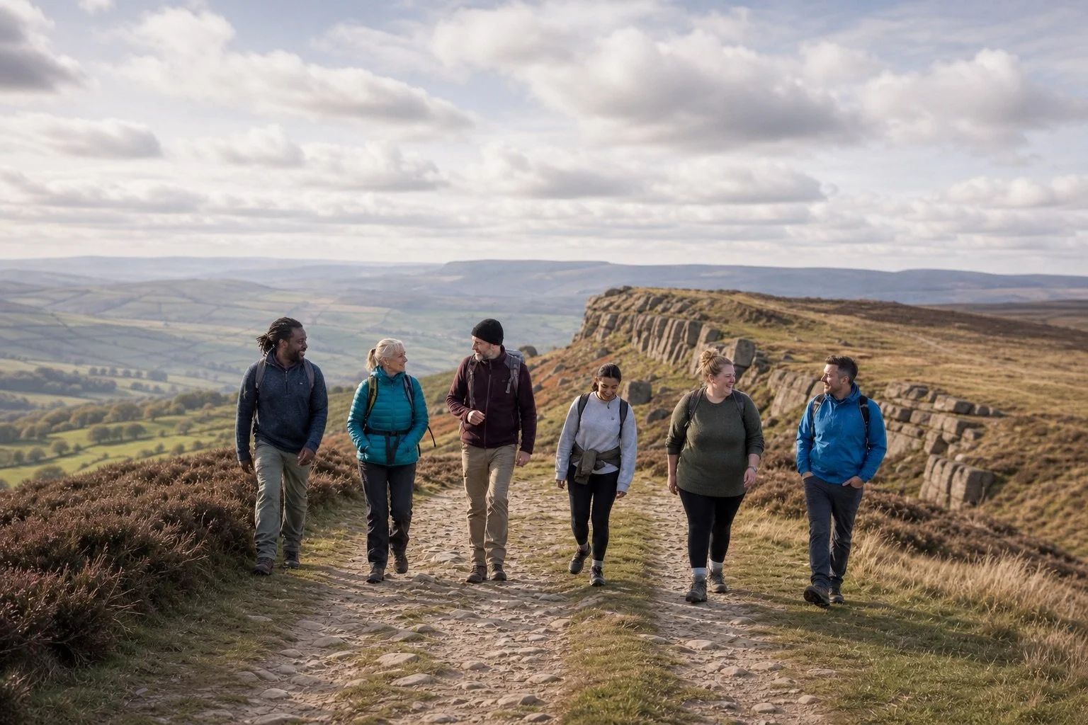 Six hikers walking along a rocky trail on a hillside with panoramic views of green fields and rolling hills in the background.