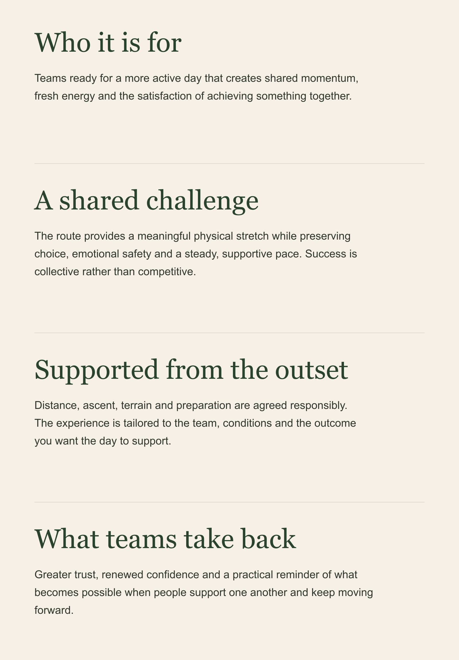 Screenshot of a webpage about team support and shared challenges, featuring headings like "Who it is for," "A shared challenge," "Supported from the outset," and "What teams take back" with accompanying text.