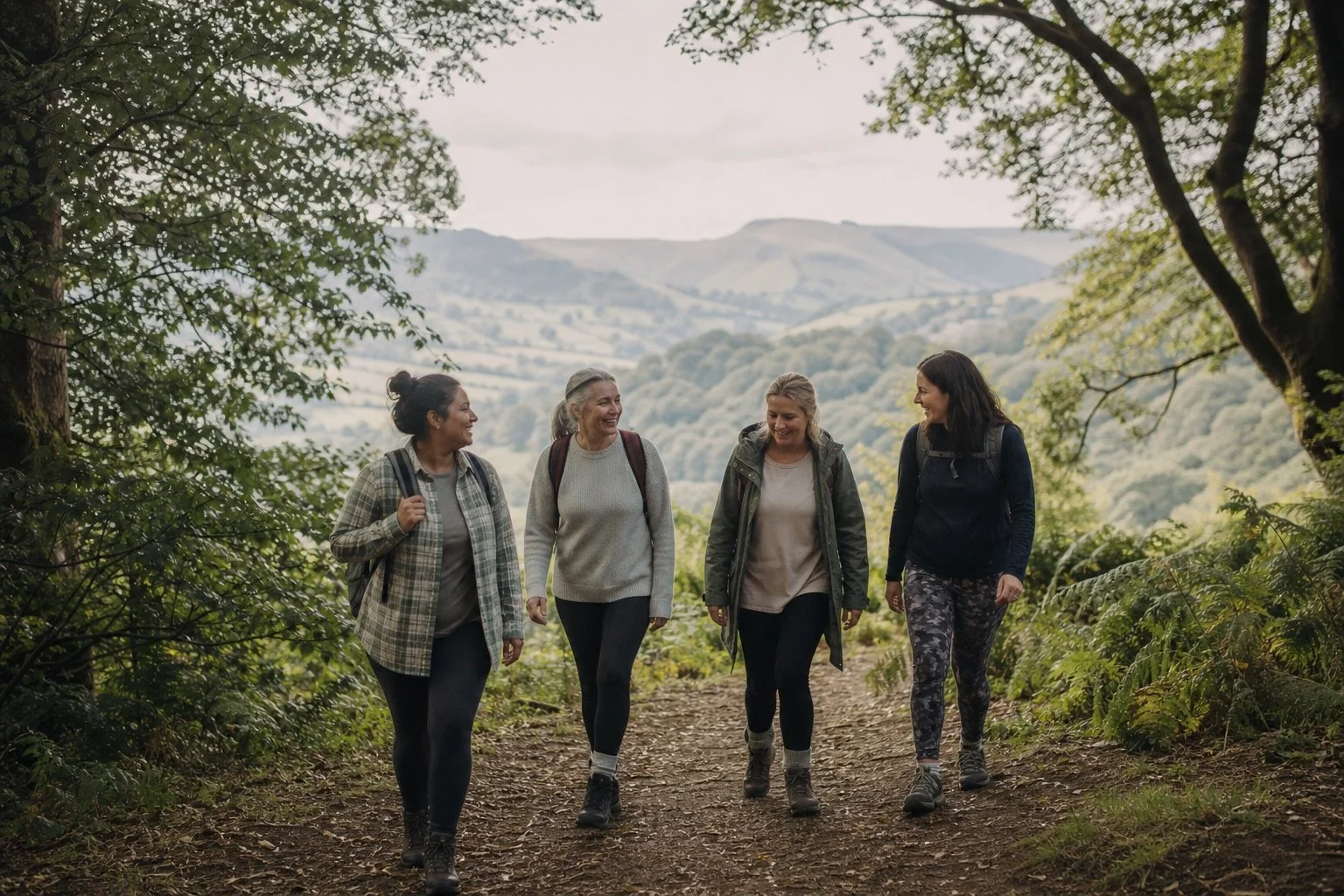 Four women hiking together on a trail in a forested area with hills in the background, smiling and talking.