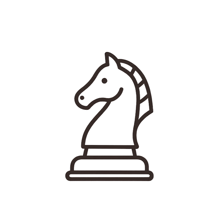A stylized chess knight piece made of metal, positioned on a base, with a dark background and colored reflections.