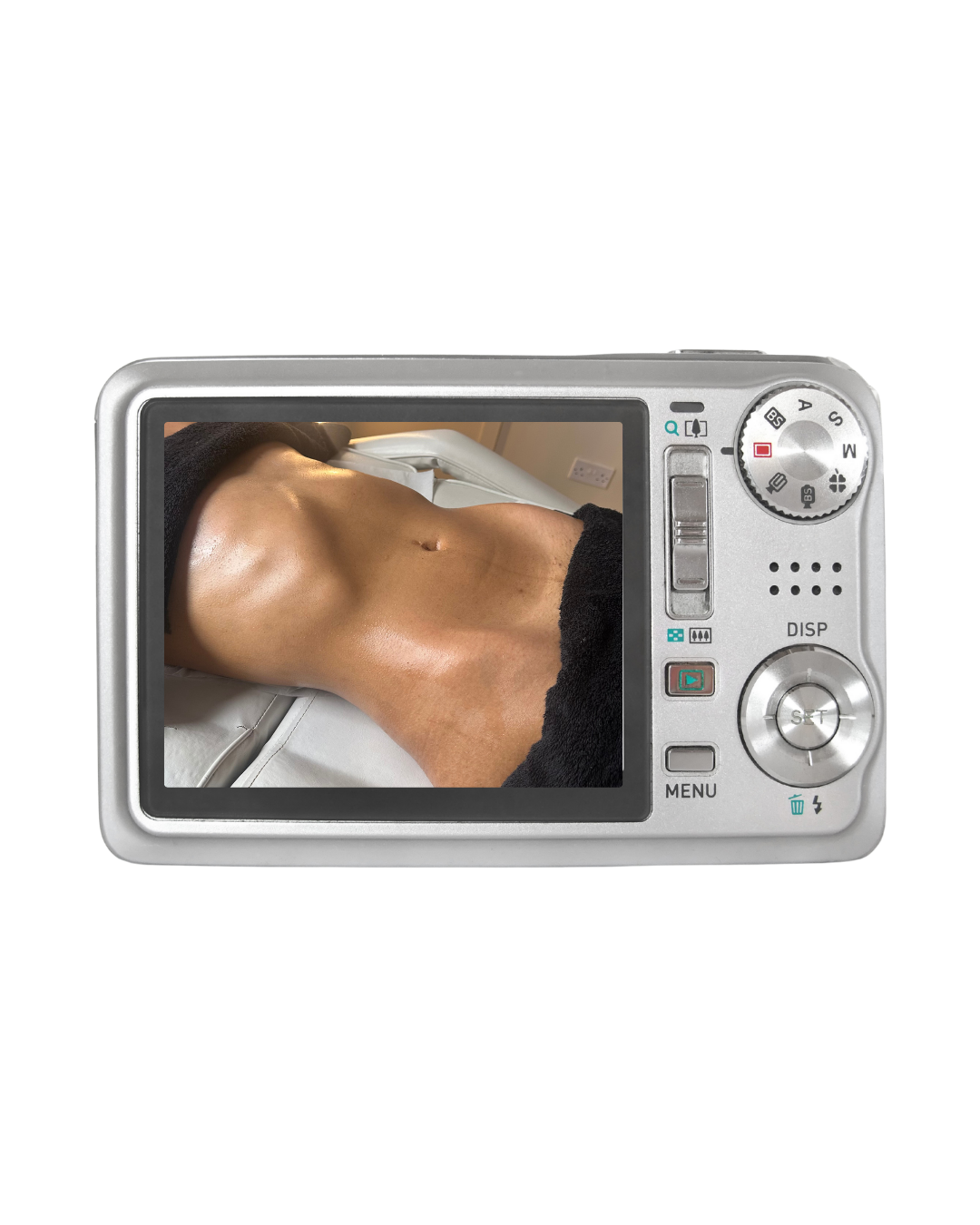 Digital camera displaying a photo of a person's bare abdomen and chest, with some tan lines.