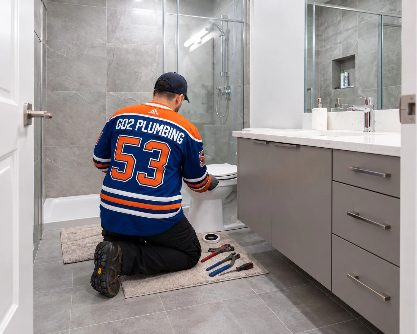 A plumber kneeling on a bathroom mat working on a toilet, with various tools laid out in front of him. The bathroom has gray tiles, a gray vanity with a white countertop, and a glass shower enclosure.