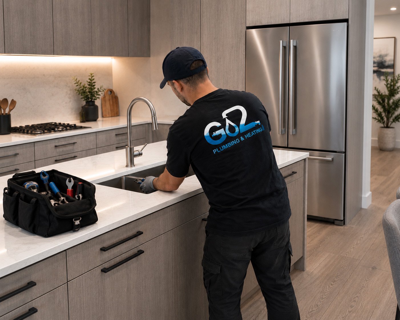 A plumber working in a modern kitchen, wearing a black t-shirt with the company logo 'G2L Plumbing & Heating' on the back, and a black cap, using tools from his toolbox on the counter.