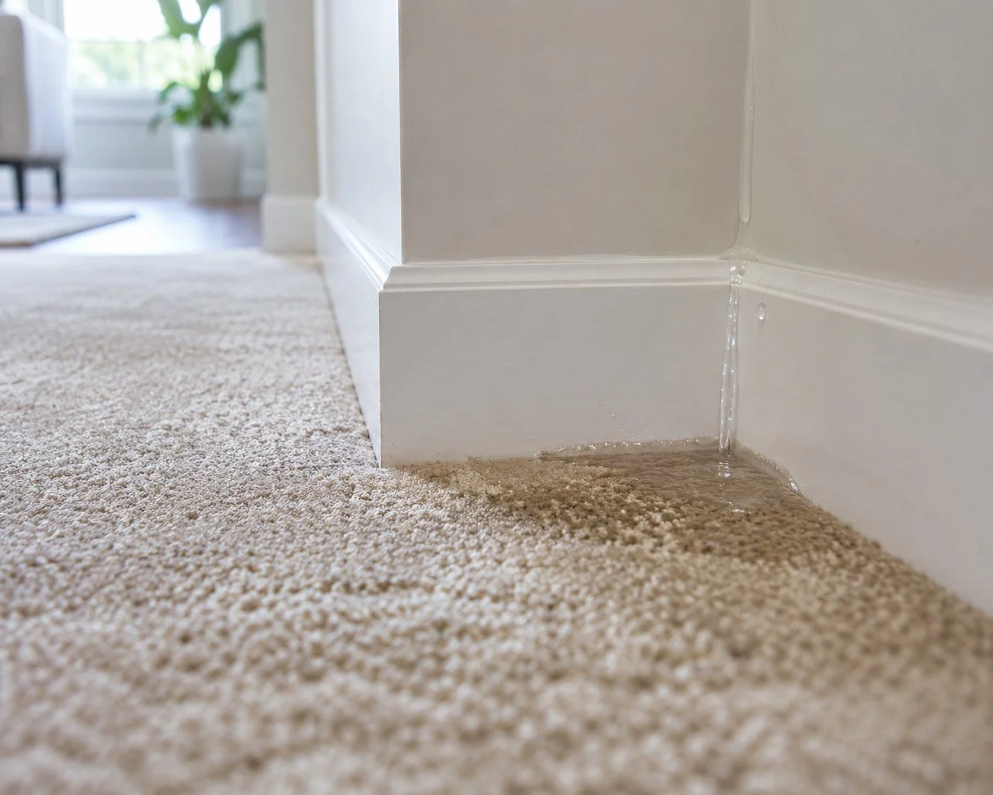 Water leaking from a small gap between the wall and the baseboard onto a carpeted floor in a room with natural light and a potted plant in the background.