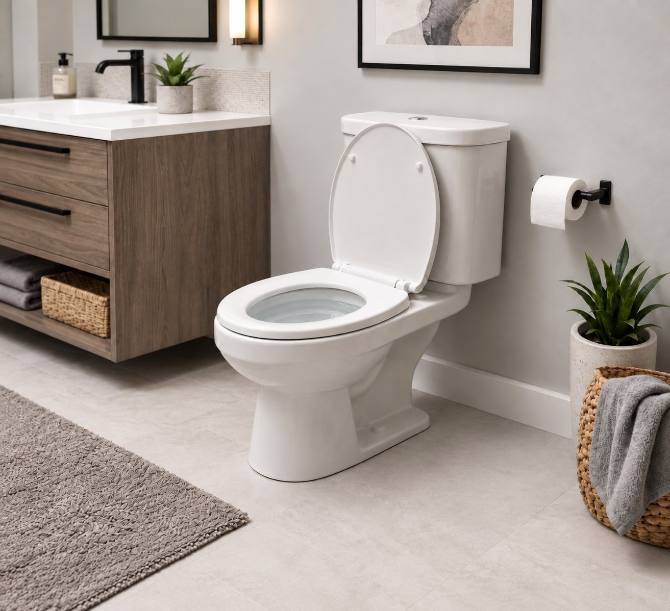 Modern bathroom with a white toilet, a wooden vanity with a sink, a large mirror, wall-mounted light fixtures, a plant in a pot, a soap dispenser, toilet paper, and a woven basket with towels.