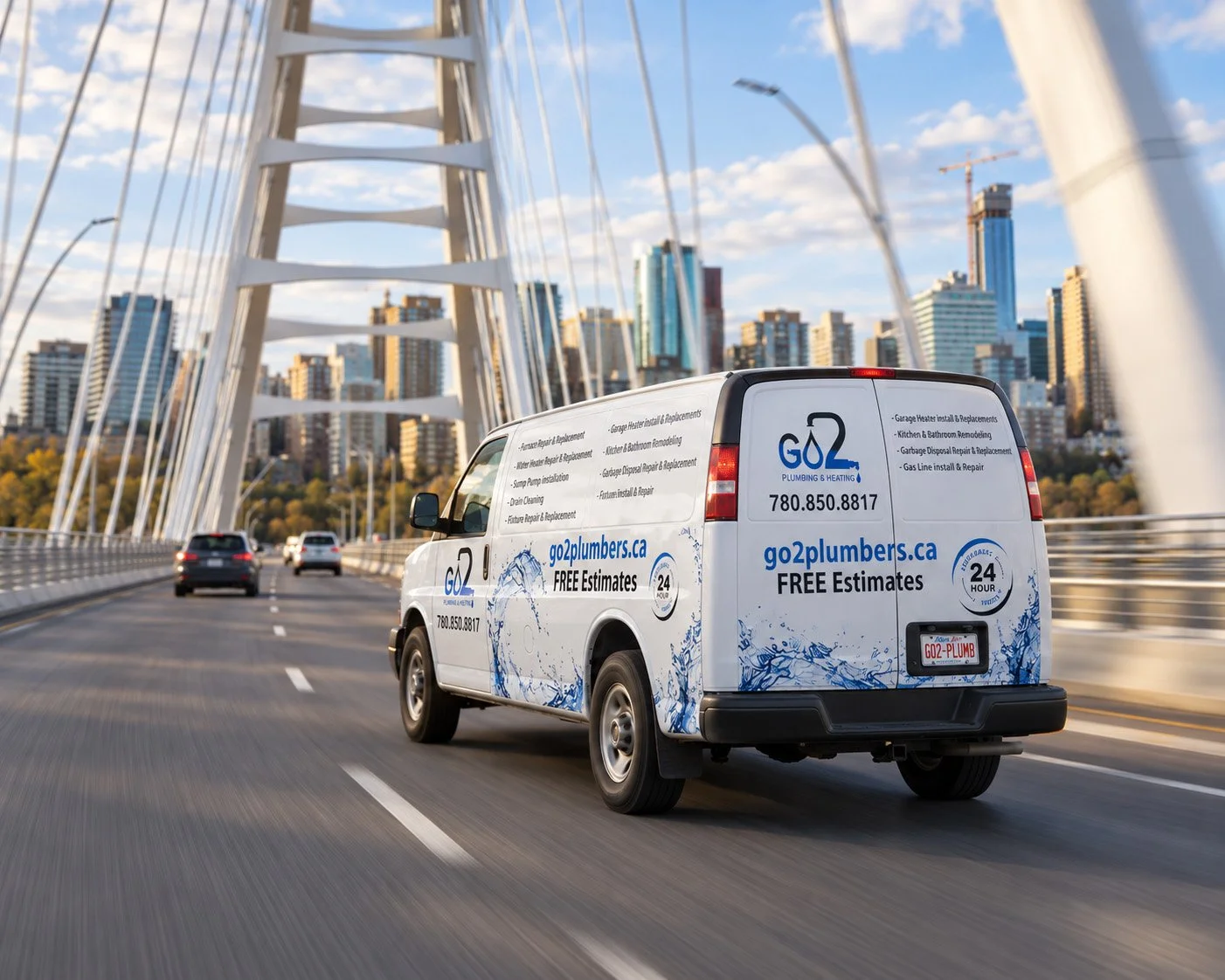 Company van advertising plumbing and heating services, driving on a bridge with city skyline in the background.