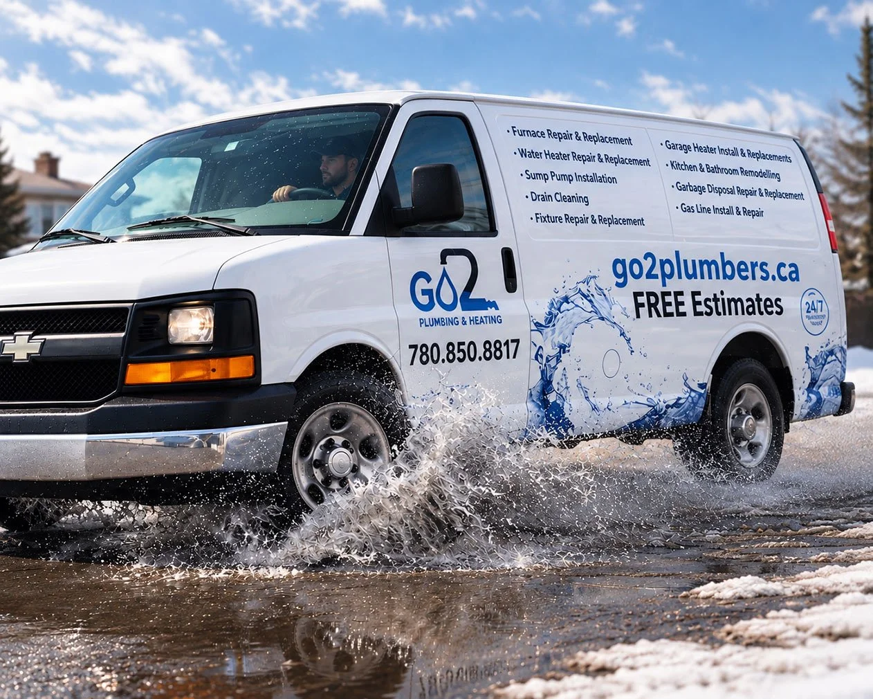 White service van with blue and black text for GO2 Plumbing & Heating, driving through a wet street with water splashing. The side of the van lists services such as furnace repair, water heater replacement, sump pump installation, and more. The phone number and website are also displayed.