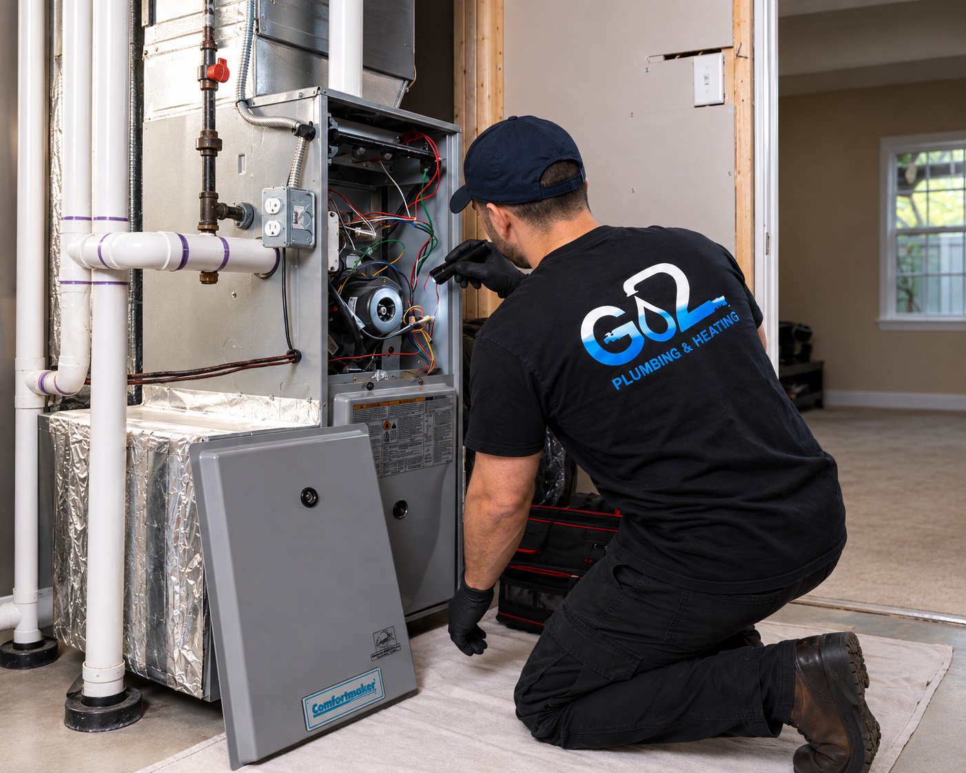 A plumber inspecting and repairing an HVAC system in a home.