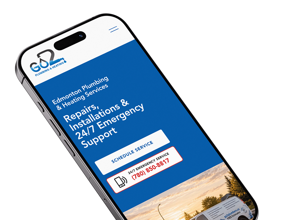 Mobile phone screen displaying Edmonton Plumbing & Heating Services website with options to schedule service and emergency contact number.