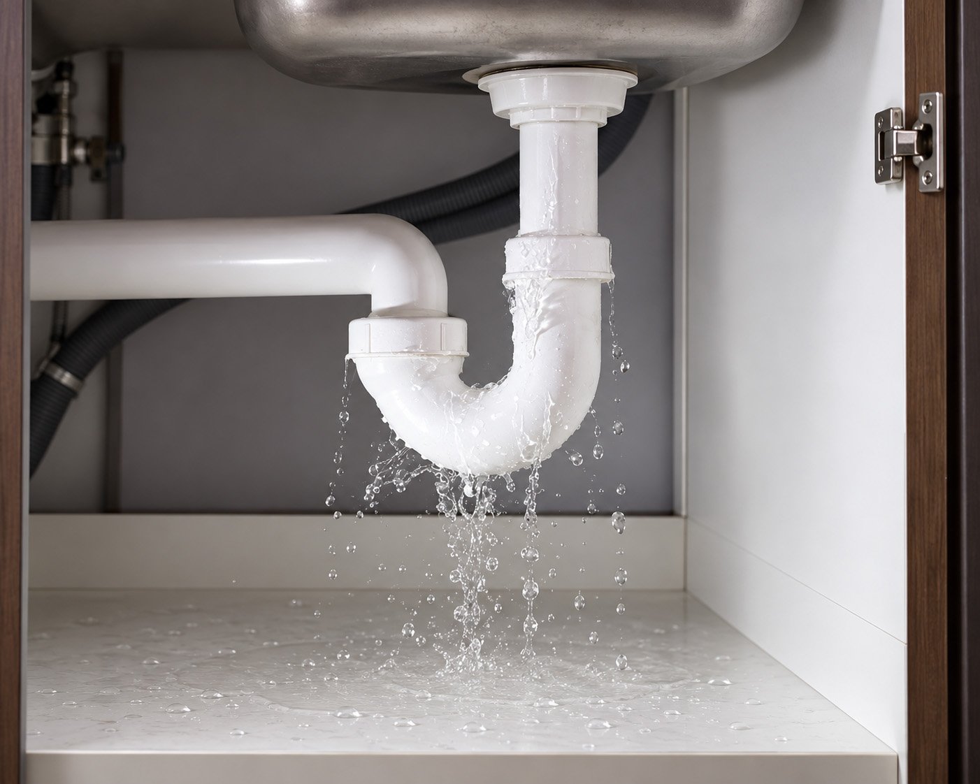 Under the sink of a kitchen cabinet, water leaking from the PVC pipe underneath the sink