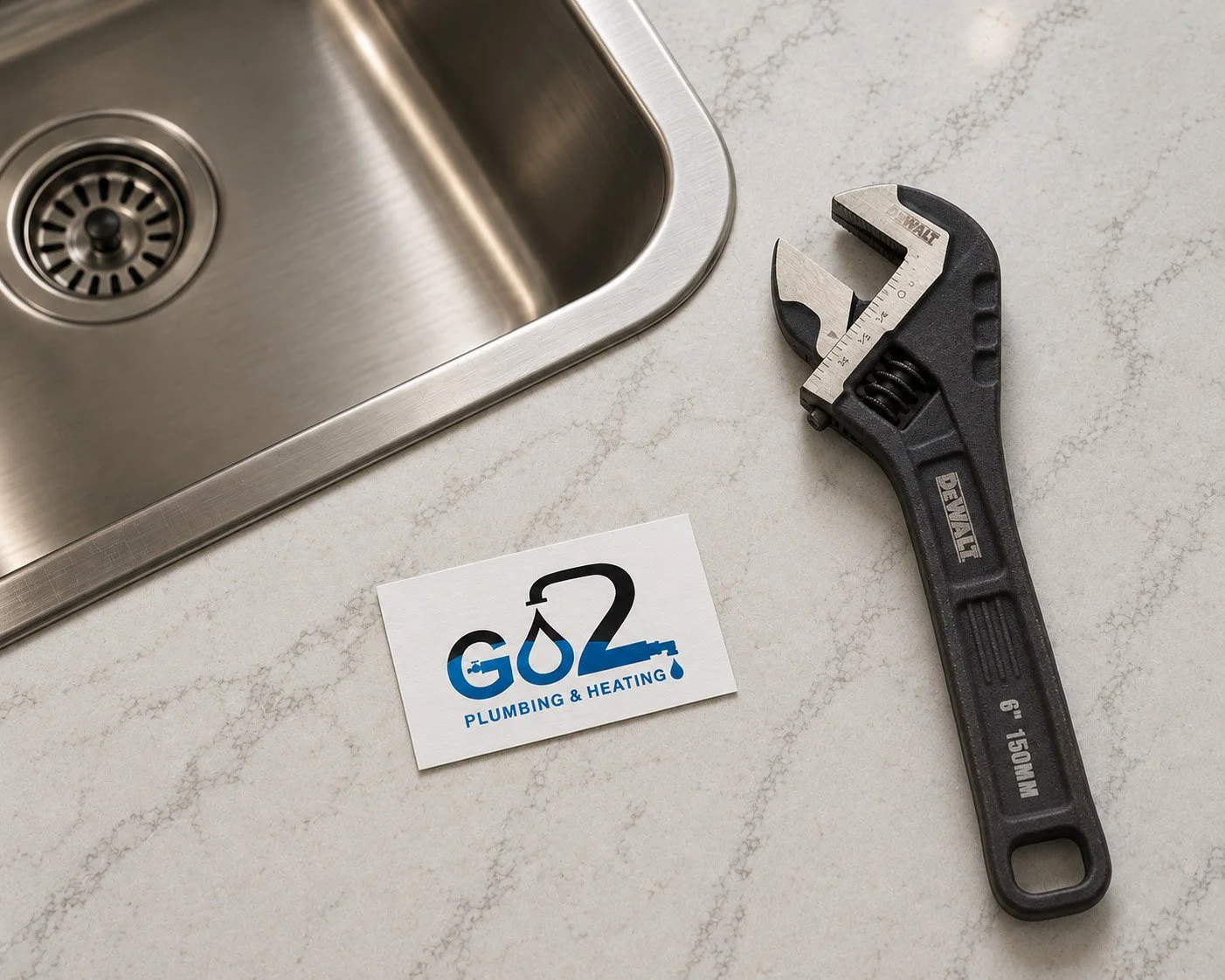 A stainless steel kitchen sink, a black adjustable wrench, and a G2 Plumbing & Heating business card on a light-colored countertop.