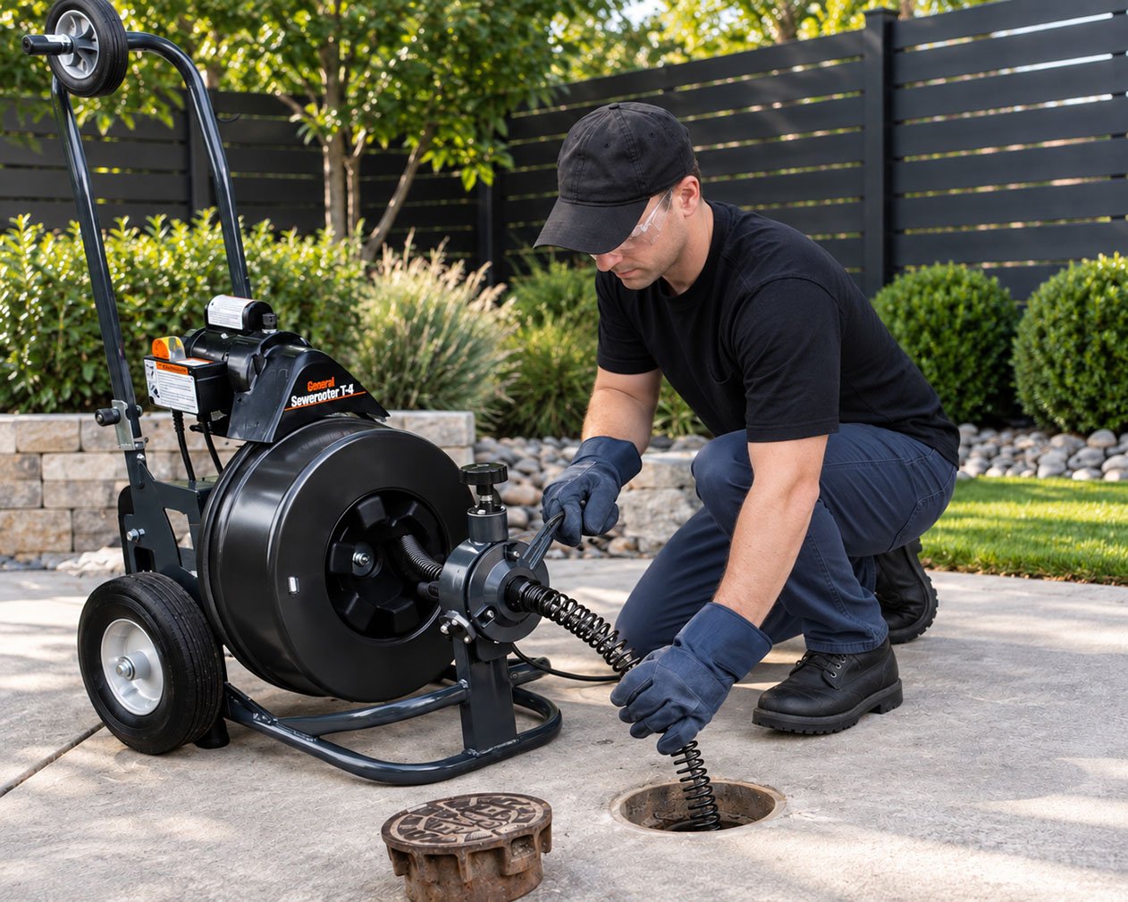 A man wearing safety glasses, gloves, a black cap, and black shirt is kneeling on concrete patio, using a drain cleaning machine to clear a clogged drain in the yard. The machine is labeled "General Sewer Jetter T-4" and is positioned on the patio with a hose extended into the drain.