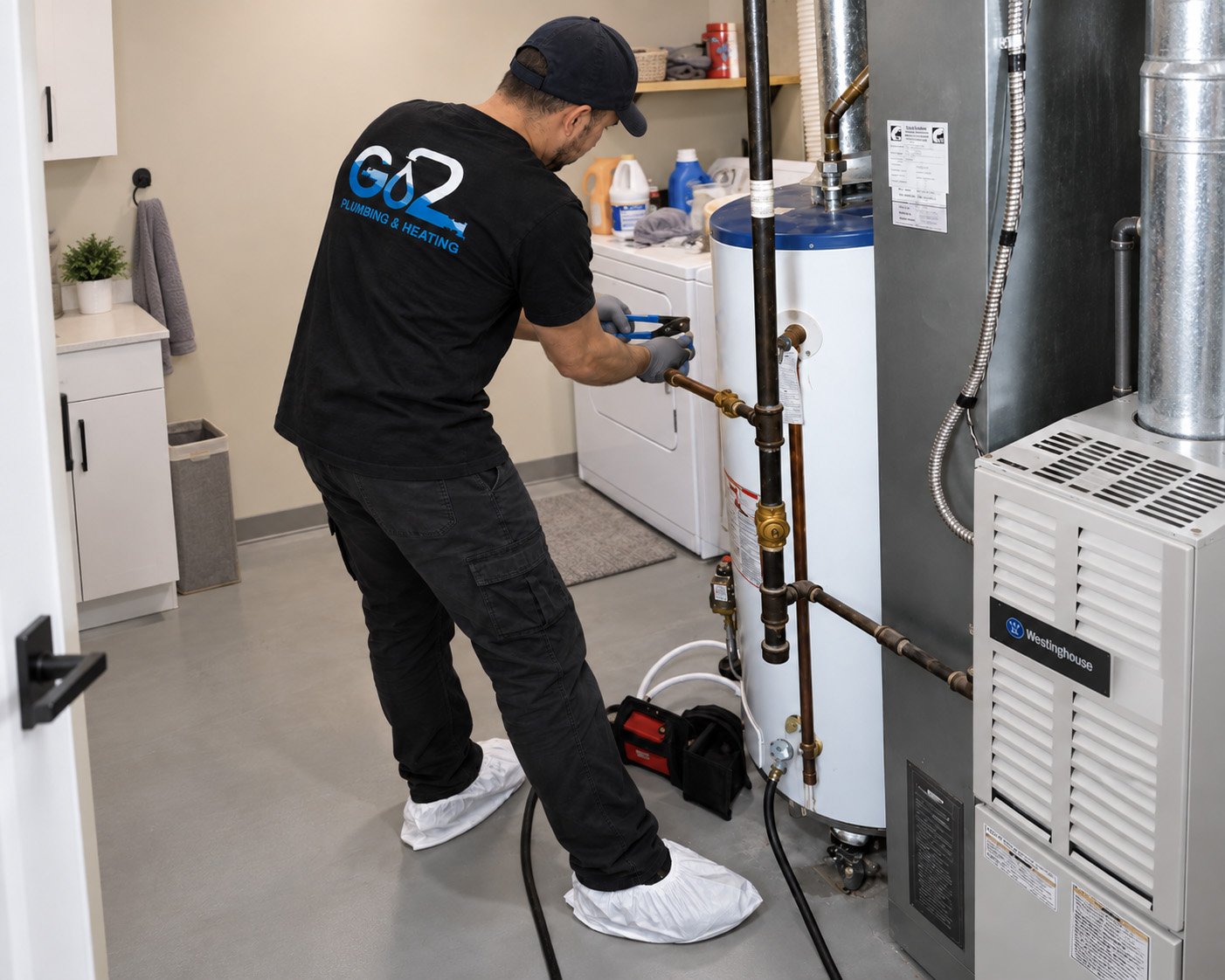 A plumber wearing a black t-shirt, cap, and shoe covers working on a water heater, with plumbing tools nearby in a laundry room.
