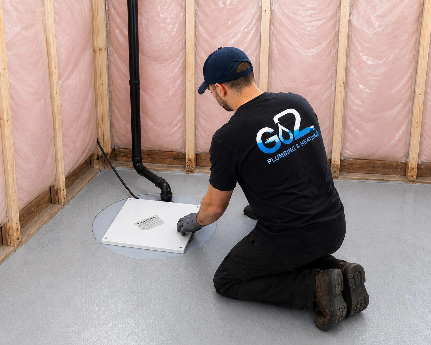 A plumber kneeling on the floor installing a sump pump in a basement with unfinished walls