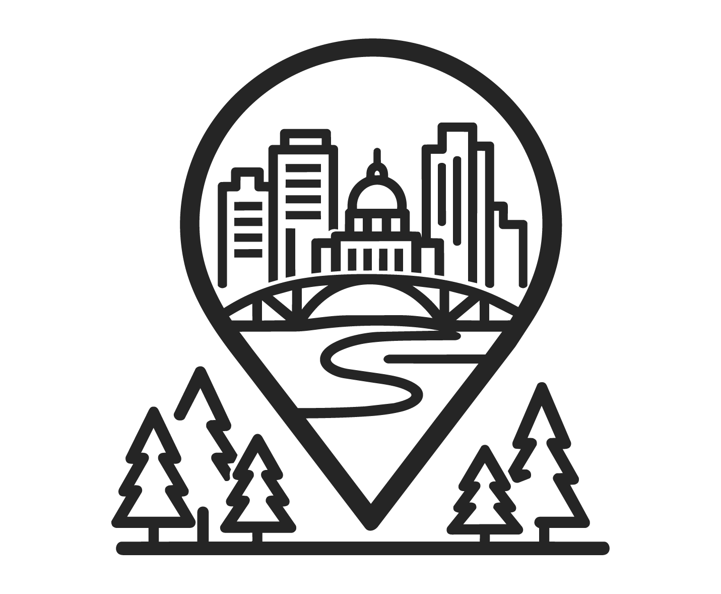 Outline map pin icon with a cityscape, river, bridge, and trees inside.