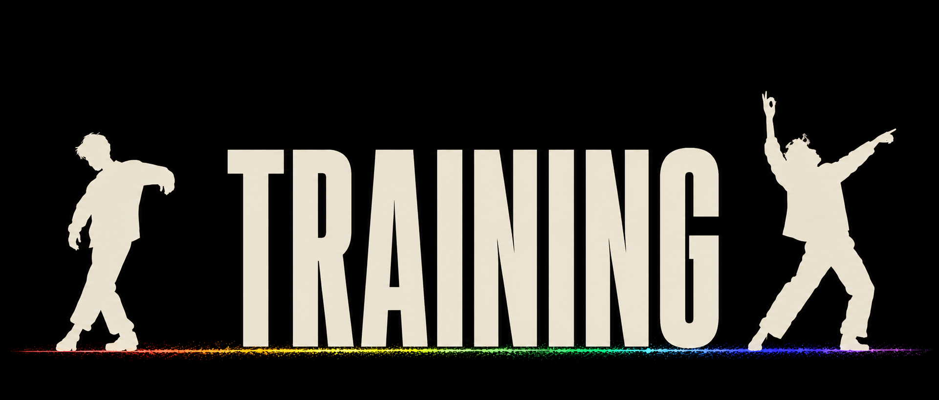 Silhouettes of two actors in movement on either side of the word 'training' on a black background, with rainbow-colored lines beneath.  Abstract POWER Method DC Acting Classes