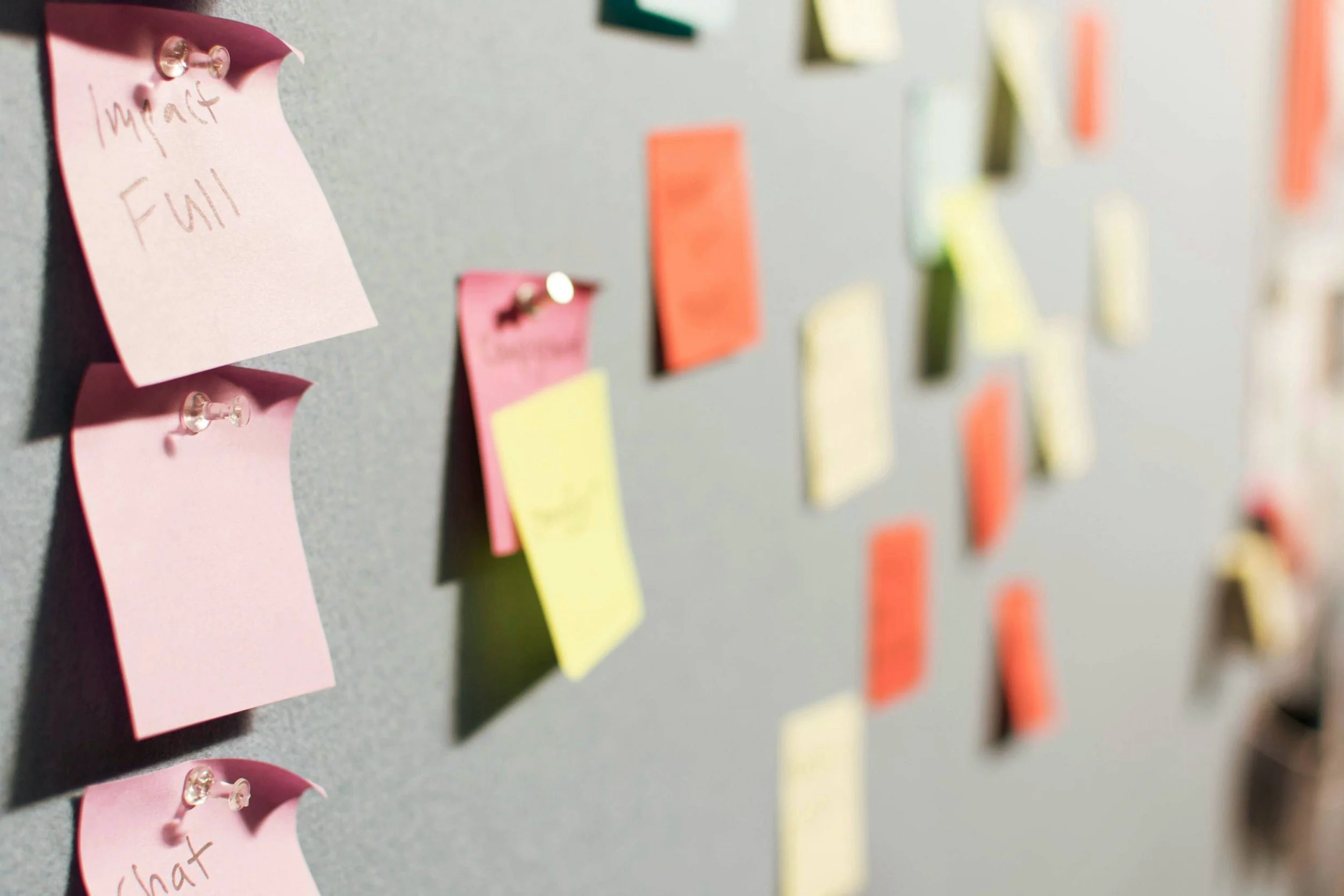 Wall full of posts-its, demonstrating a process that generally occurs during discovery phases.