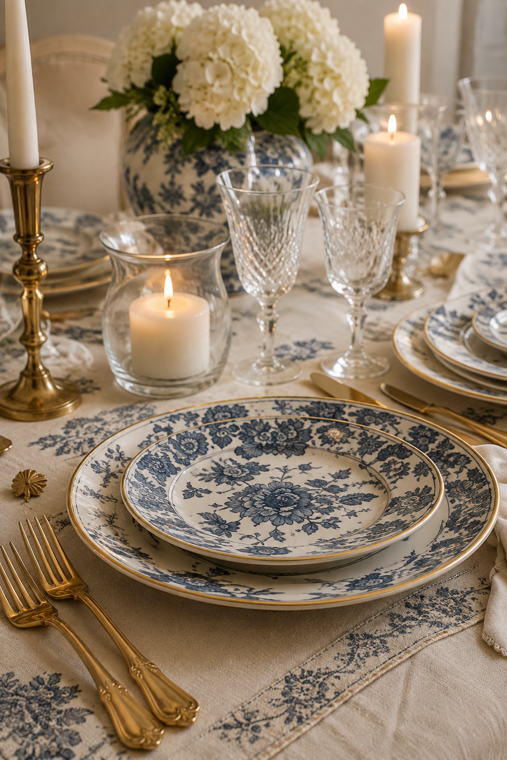 A formal table setting with blue and white floral patterned plates, gold cutlery, crystal glasses, white candles, and a floral centerpiece of white hydrangeas in a blue and white vase.