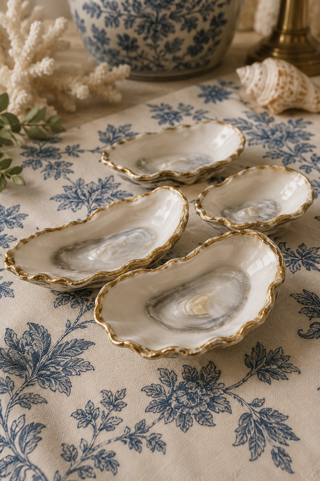 Four decorative oyster shell dishes with gold edges arranged on a tablecloth with a blue floral pattern. In the background, there is a large blue and white floral vase, a white coral piece, seashells, a green leafy branch, and a brass lamp base.
