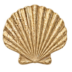 Golden seashell-shaped item with ridges, set against a yellow background.