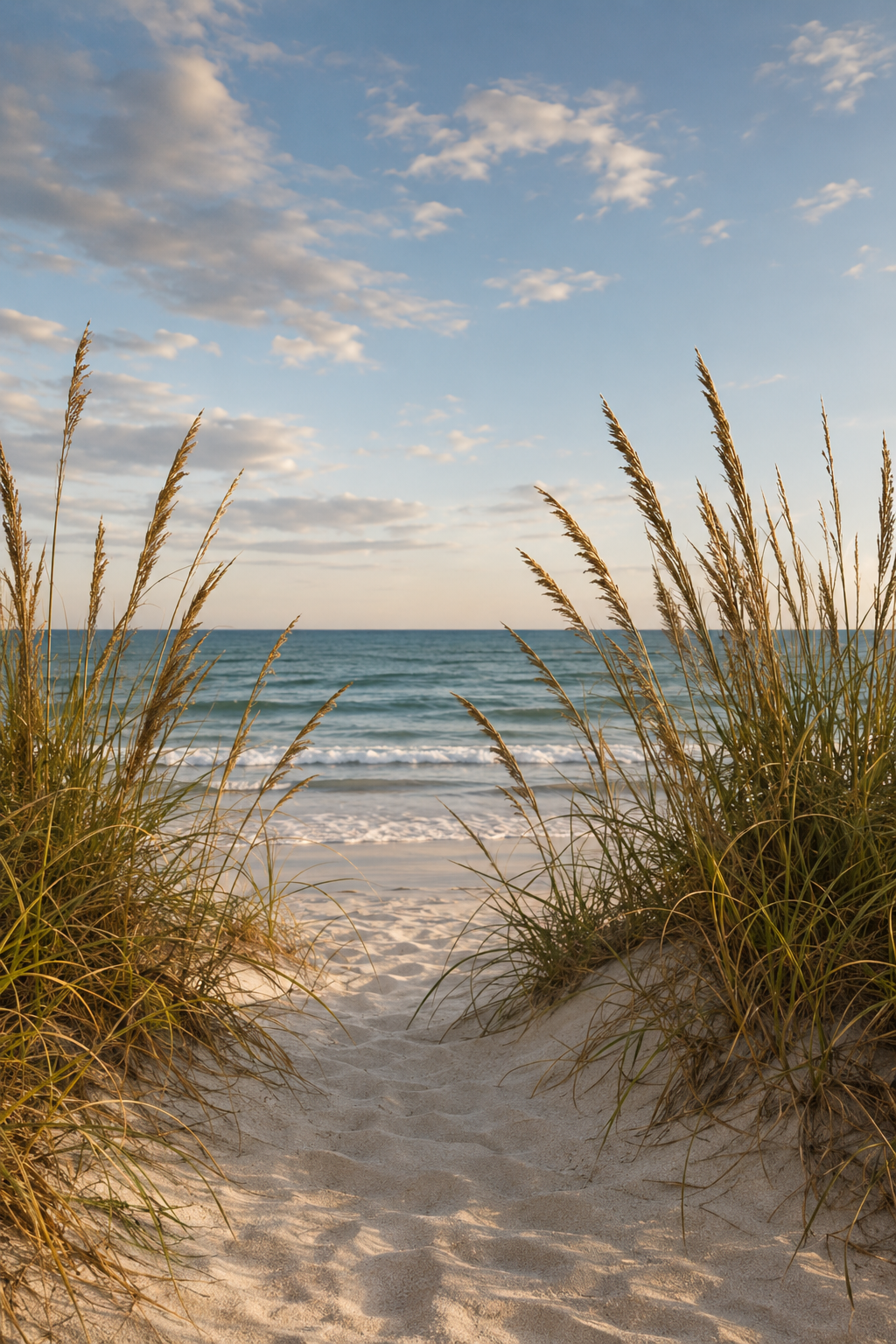 Beach scene with sandy pathway through tall grass leading to the ocean under a partly cloudy sky during sunset or sunrise.
