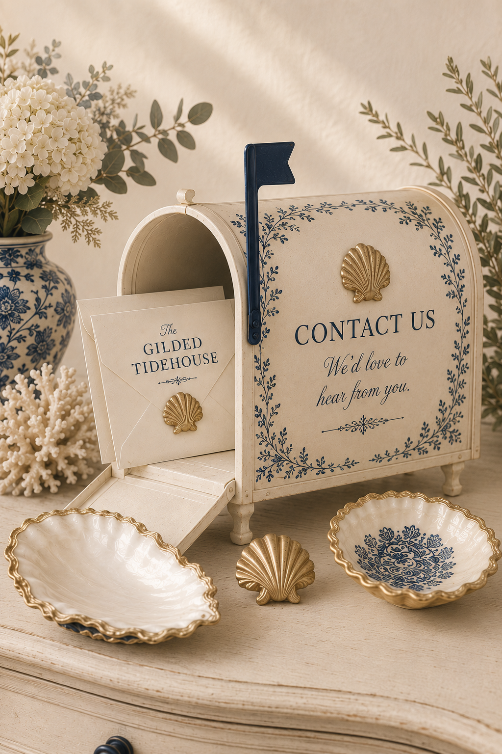 A decorative contact us mail box with a navy flag, designed in a coastal shell theme, accompanied by a small envelope labeled 'The Gilded Tidehouse' and two ceramic shells with gold accents, set on a light wooden surface with a floral background.