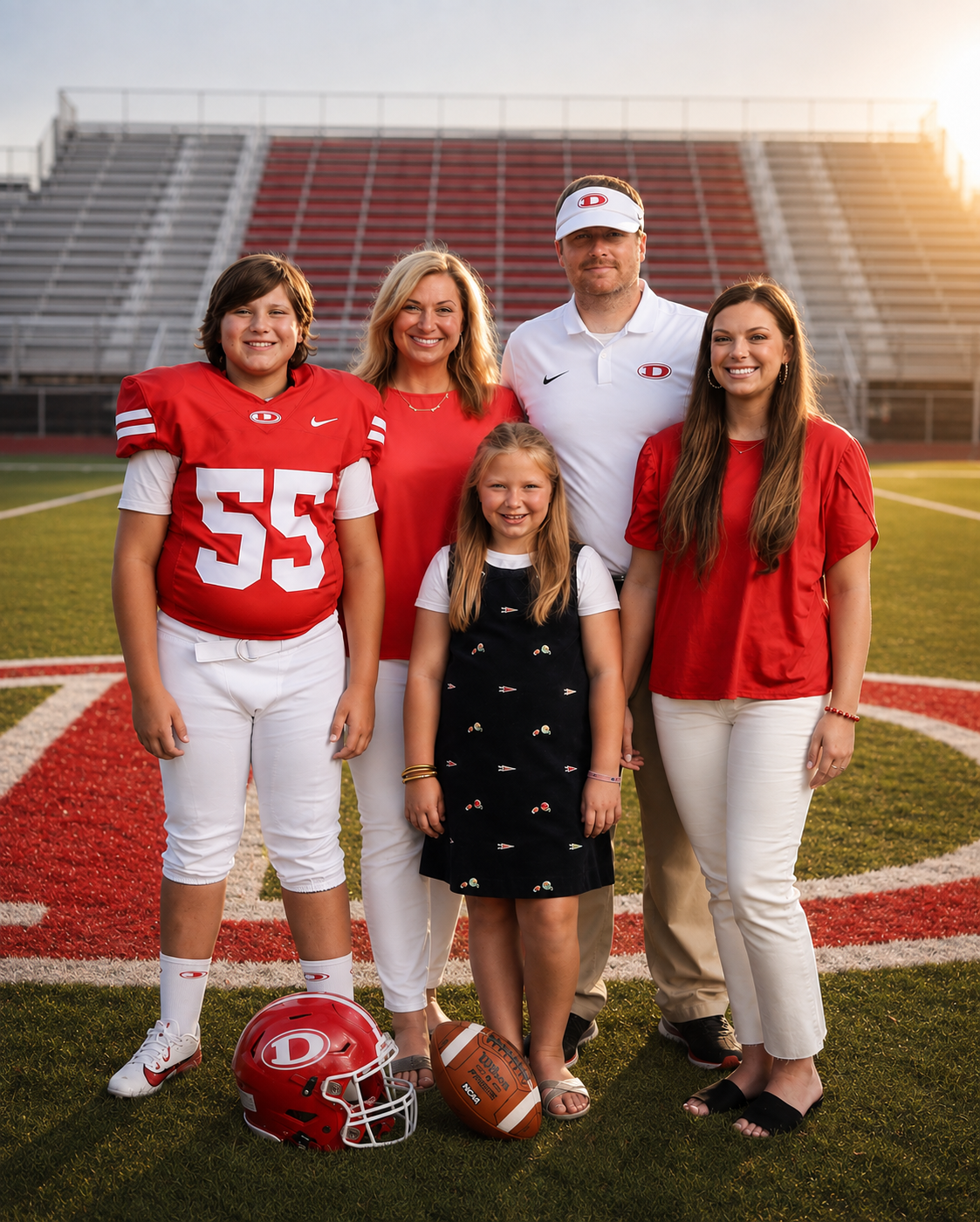 Family on a football field, wearing football and casual attire, with football gear, stadium seats, and sunset in the background.