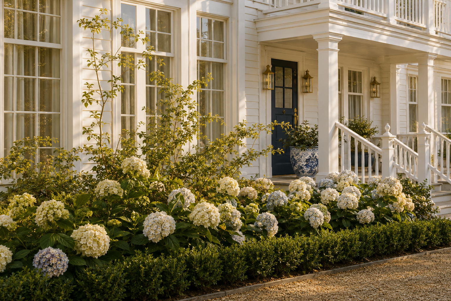 Front porch of a white house with a black door, surrounded by blooming white hydrangeas and greenery.