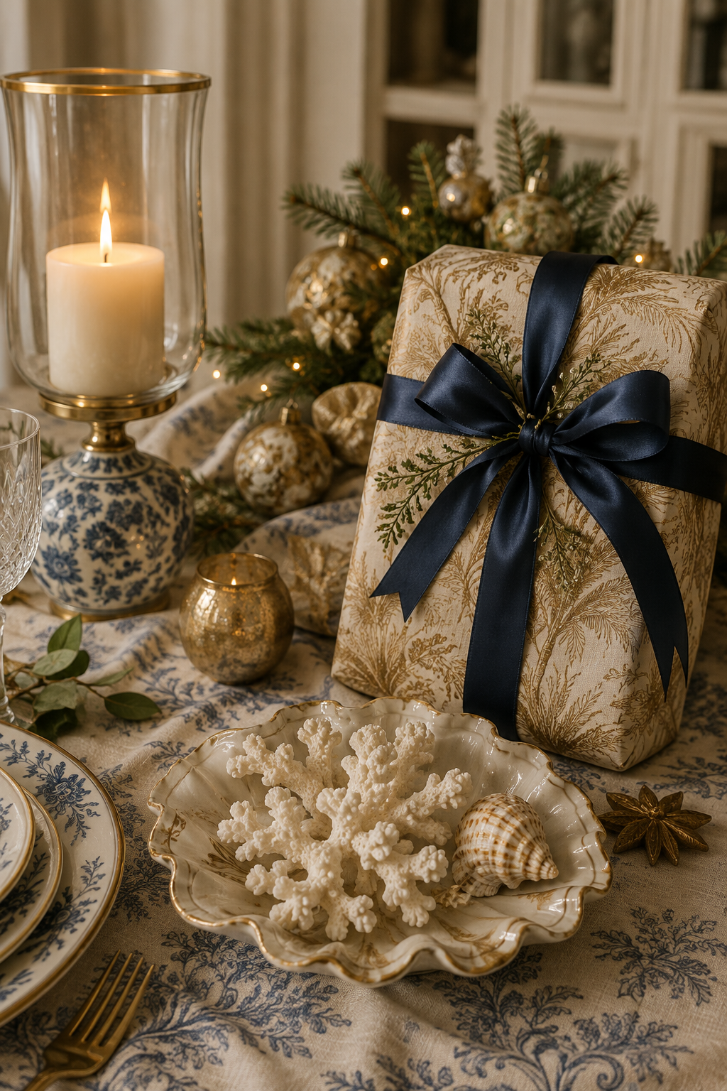 A Christmas table setting featuring a wrapped gift with a large navy ribbon, a lit candle in a glass holder, gold and blue ornaments, and a decorative shell and coral on a patterned tablecloth, with a Christmas tree in the background.
