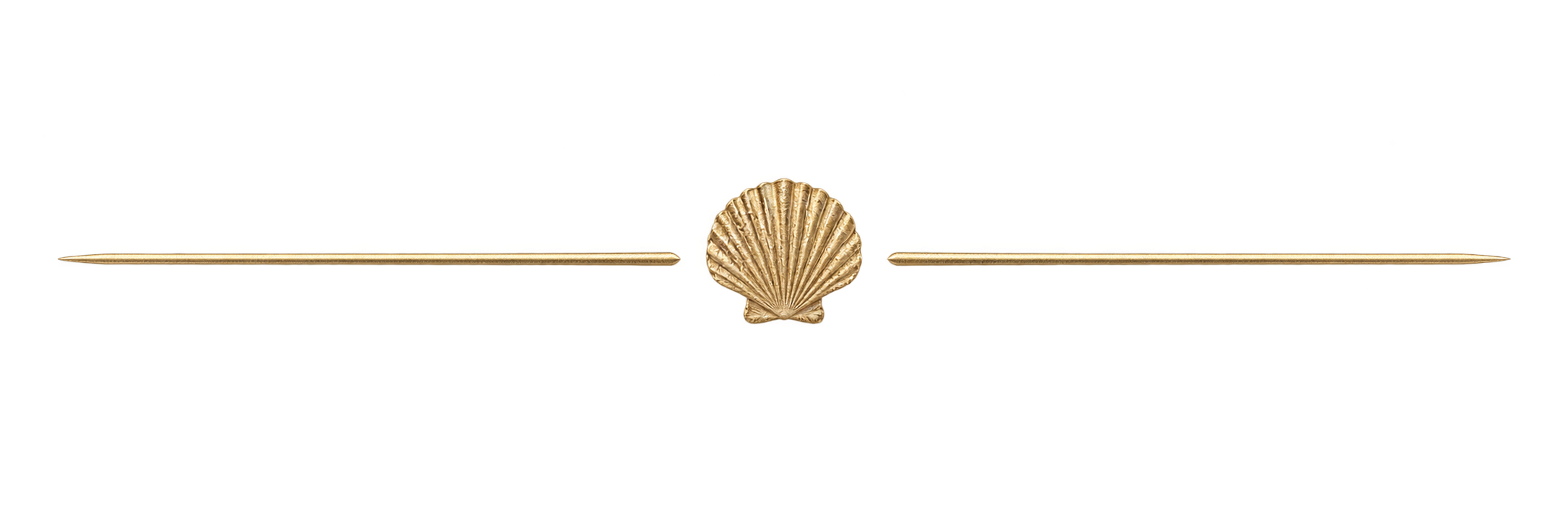 A gold-colored seashell-shaped pin attached to a straight pin against a clear background.