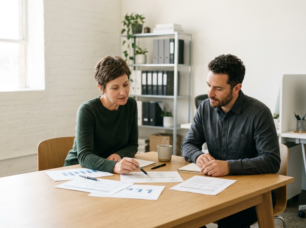 Small business owner and operations consultant reviewing business performance reports