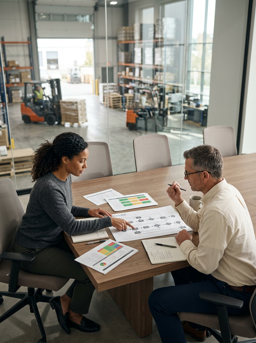 Small business operators reviewing plans in an active service business environment