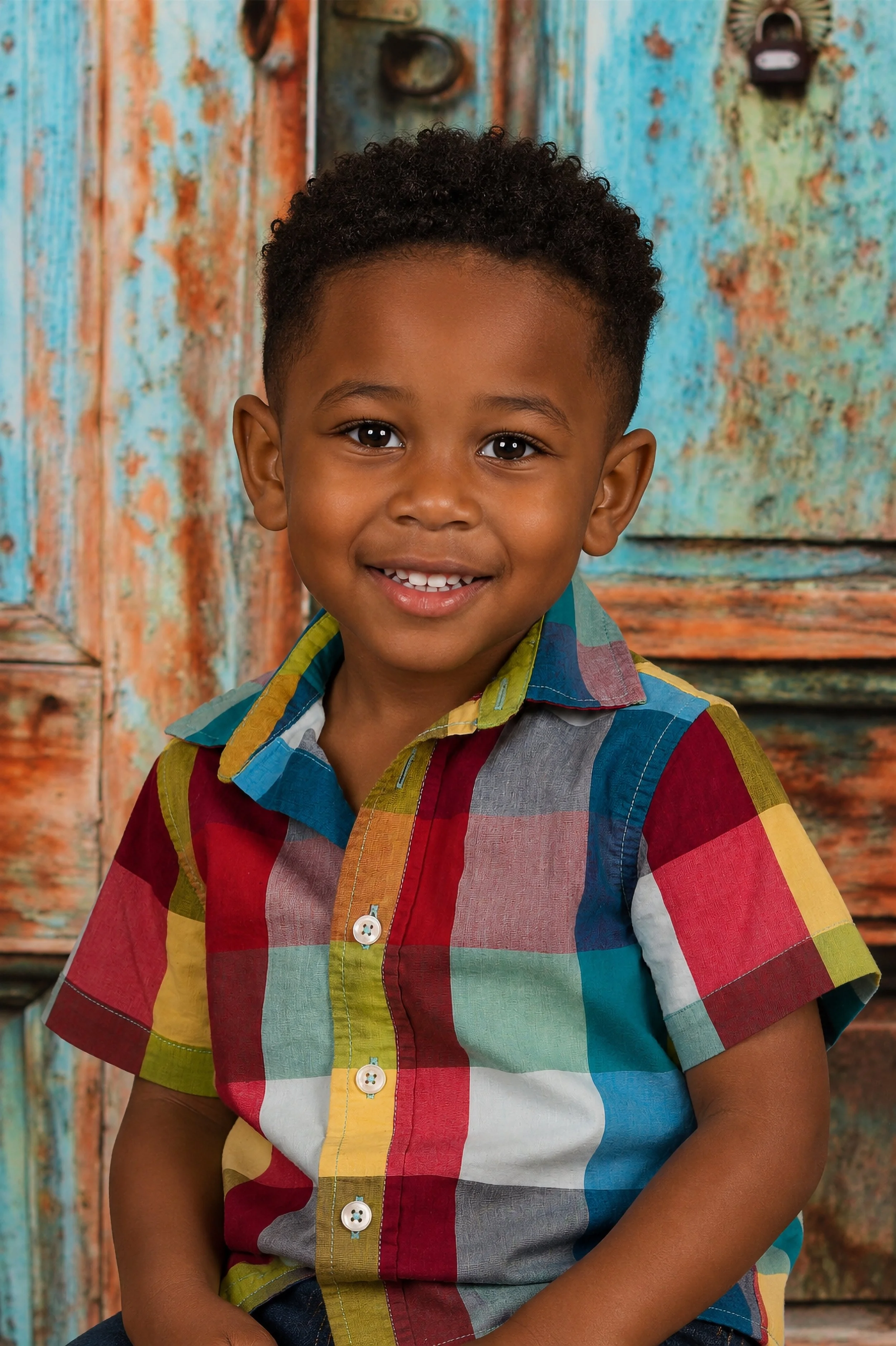A young boy with short curly hair and brown eyes, wearing a colorful plaid shirt, smiling in front of a rustic wooden background.