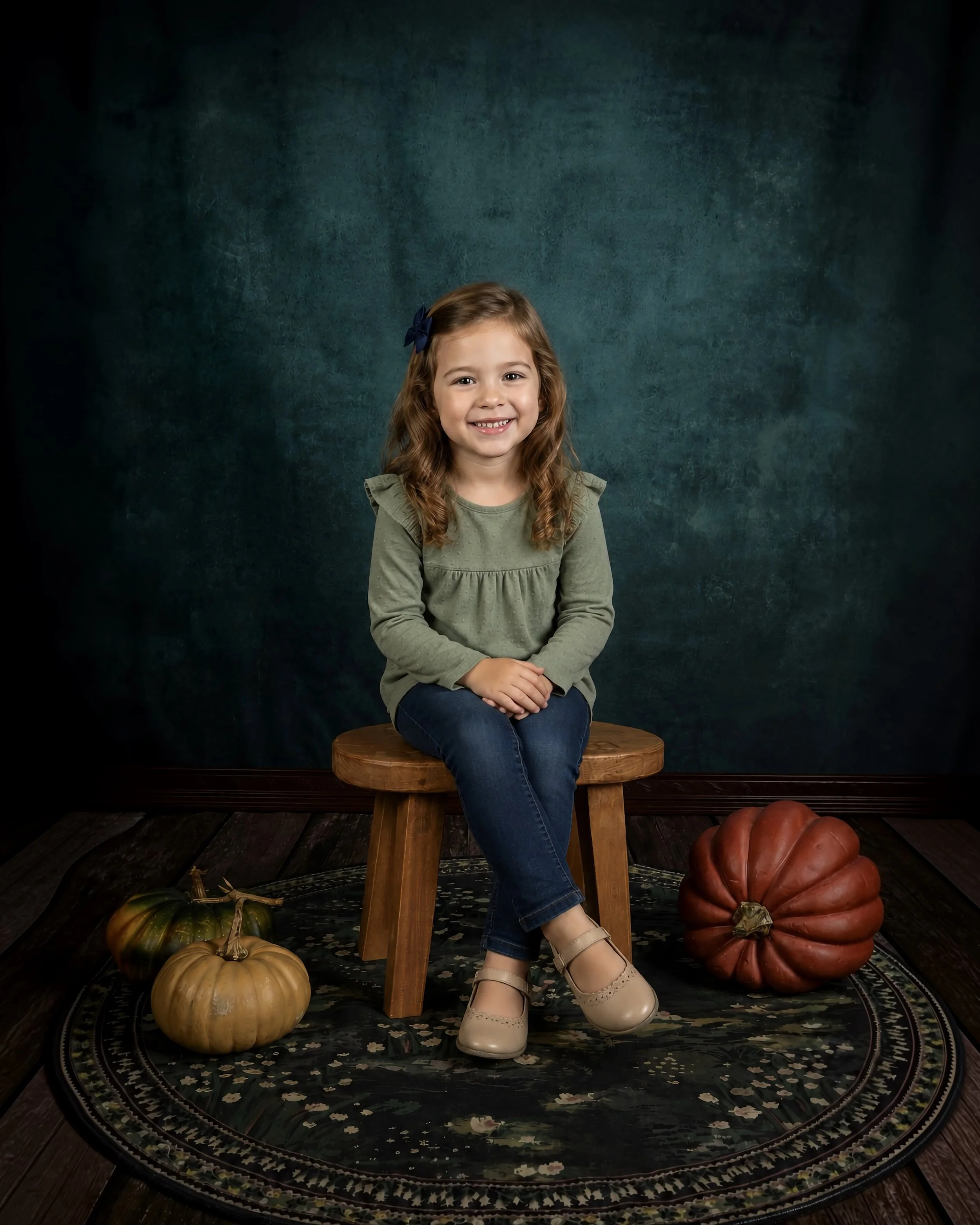 A young girl with brown hair, wearing a green long-sleeve shirt, dark blue jeans, beige shoes, and a blue bow in her hair, sitting on a wooden stool in front of a teal textured background. She is smiling with her hands clasped on her lap. There are p