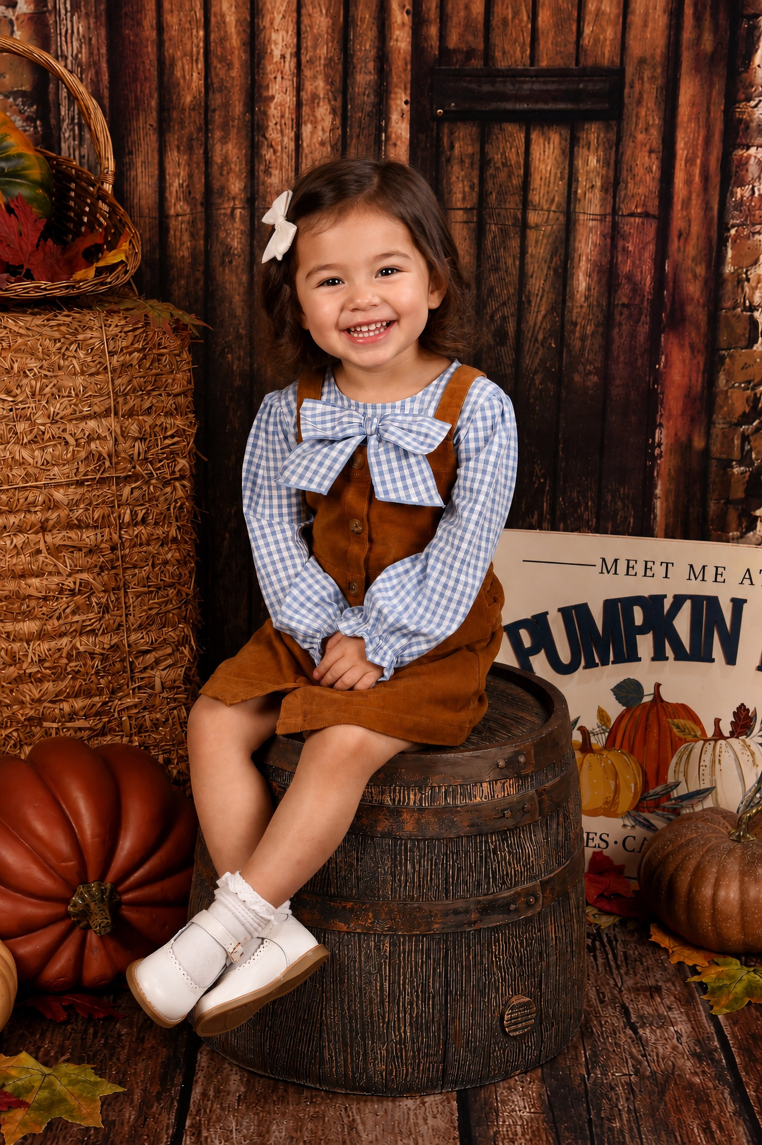 A young girl sitting on a wooden barrel in front of a rustic wooden background decorated with pumpkins, autumn leaves, and a sign that reads "Meet Me at Pumpkin". She is smiling and wearing a checkered shirt, brown overalls, white shoes, and a white 