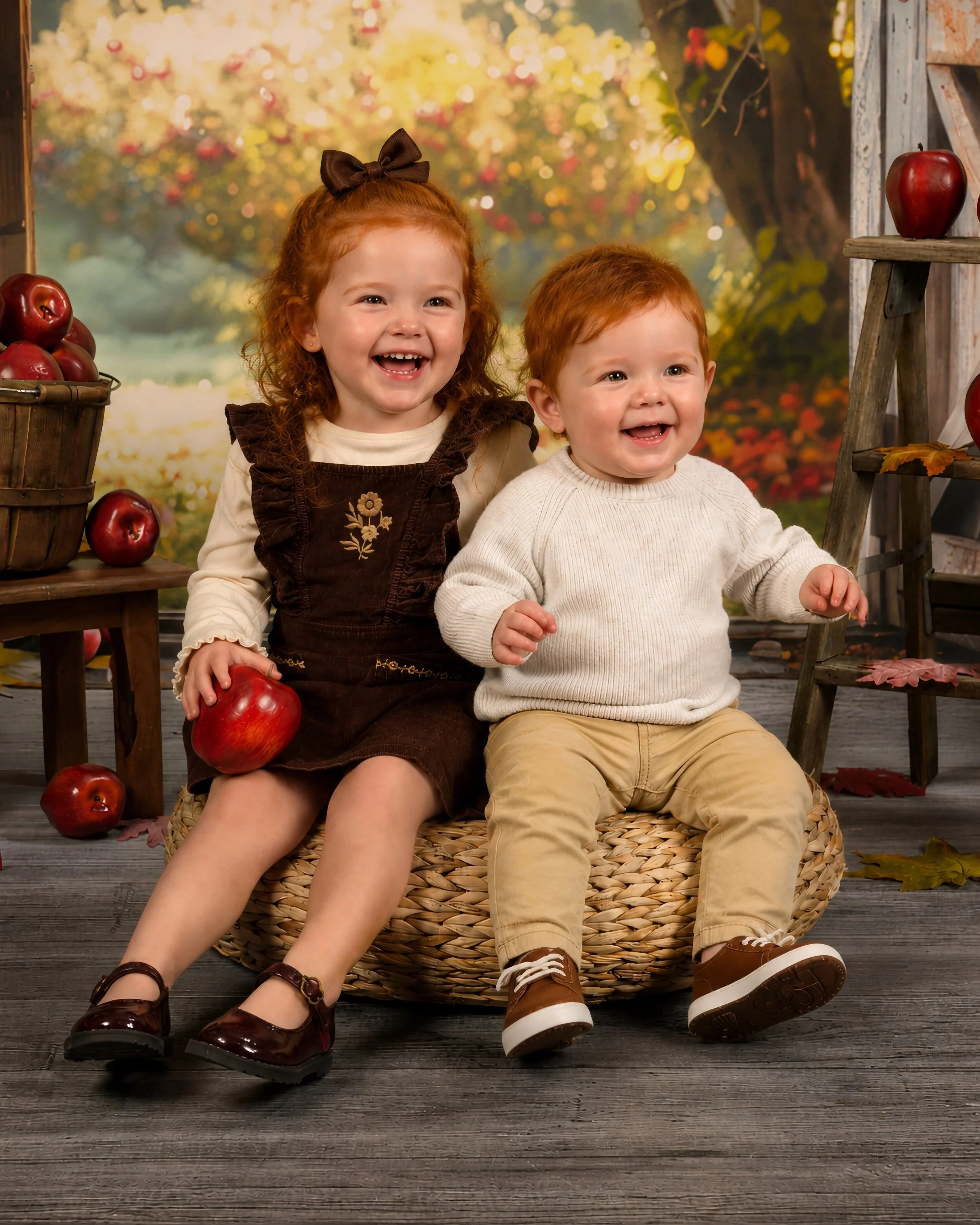 Two children, a girl with red hair and a boy with red hair, sitting on a woven basket in front of a fall-themed backdrop with apples and autumn leaves, smiling and laughing.