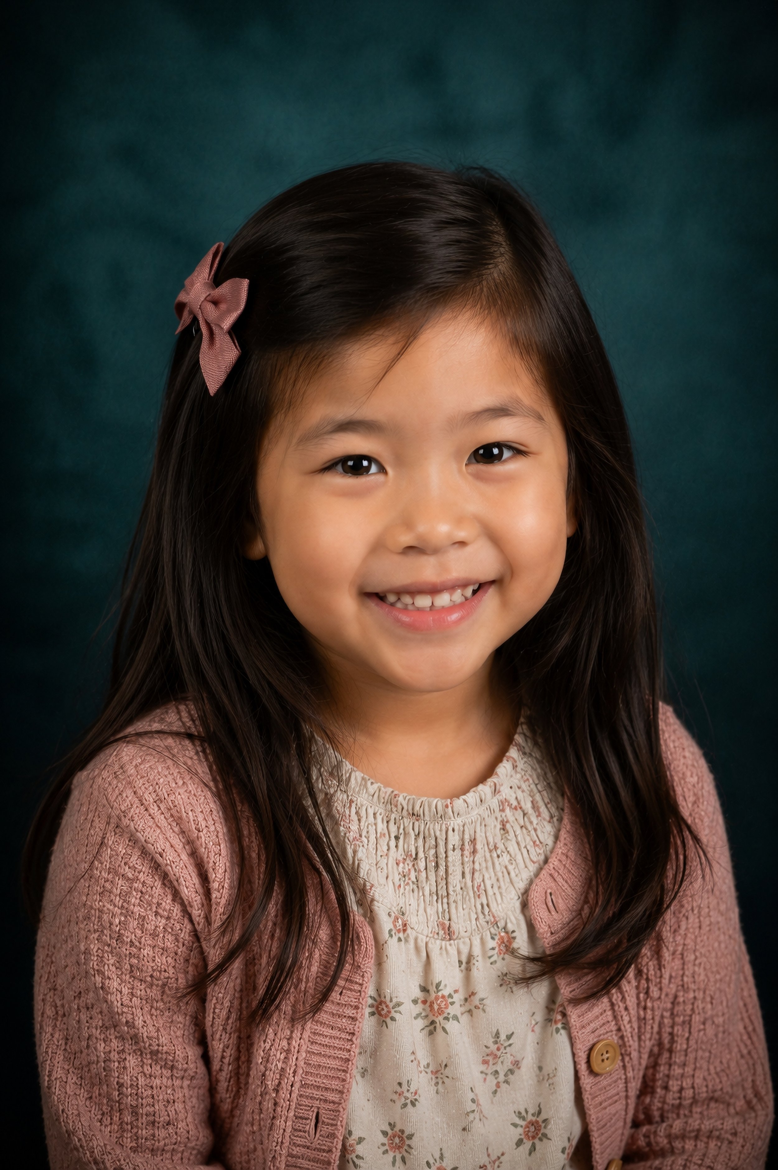 A young girl with long dark hair, a pink bow clip, and a wide smile, wearing a beige floral dress and a pink cardigan, against a dark teal background.
