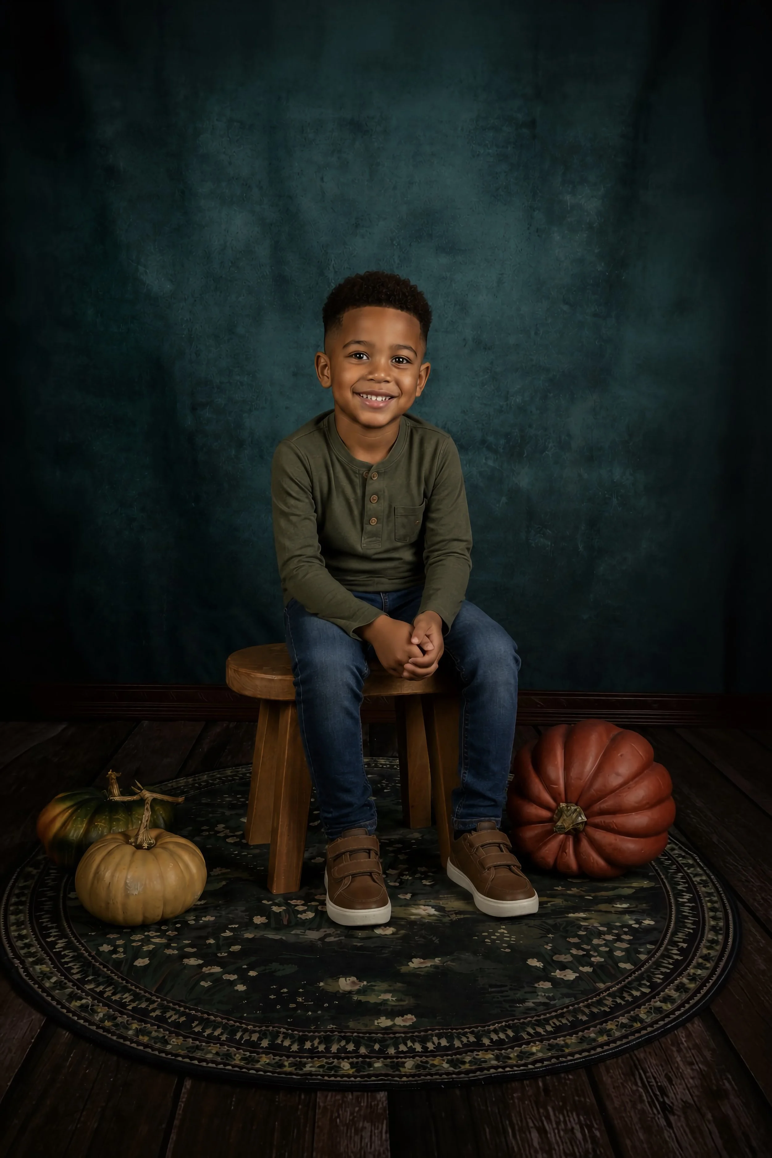 A smiling young boy sitting on a wooden stool surrounded by pumpkins on a patterned rug, with a textured green background.