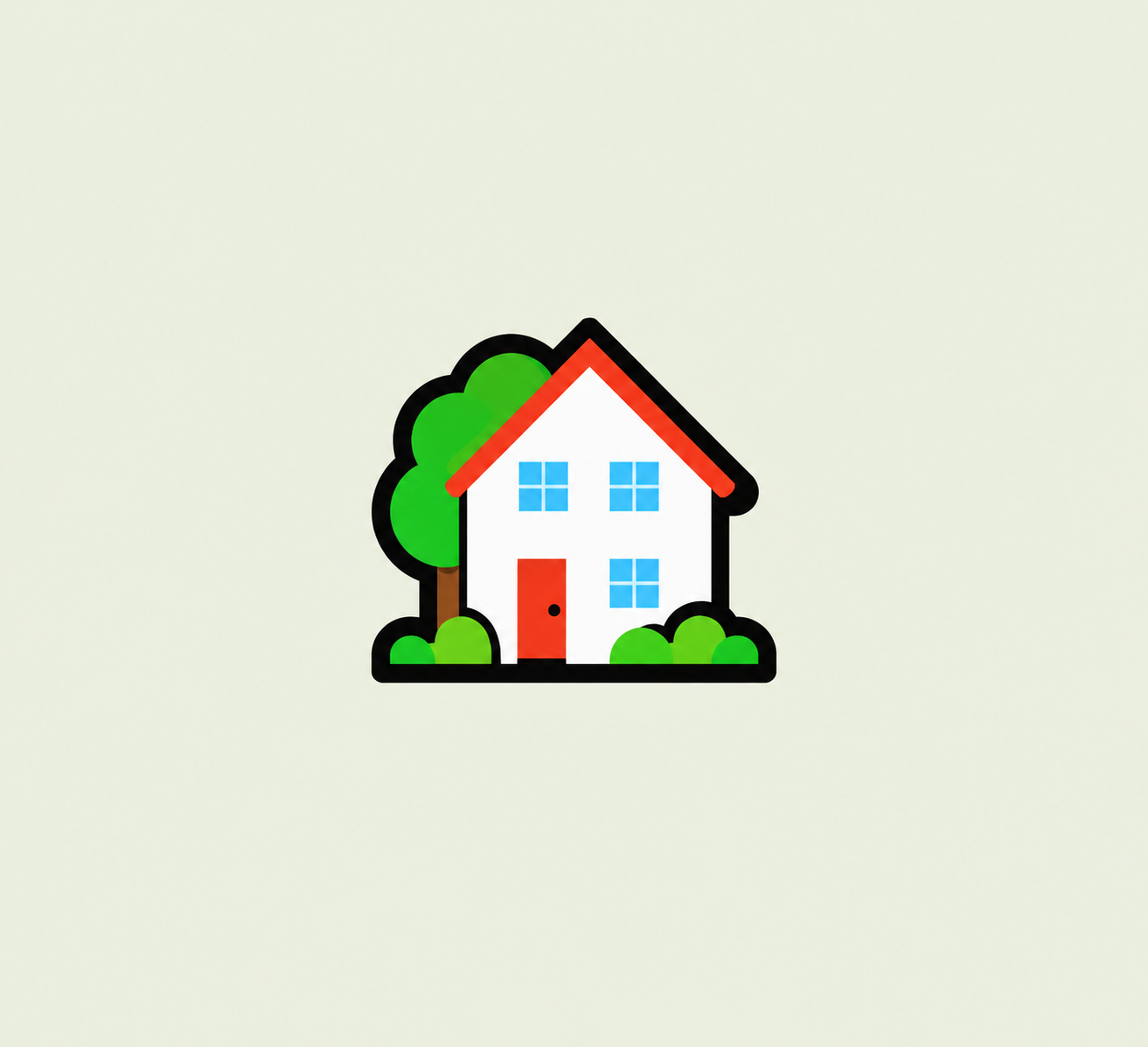 Digital illustration of a white house with blue windows, an orange door, and a red roof, surrounded by green trees and bushes.